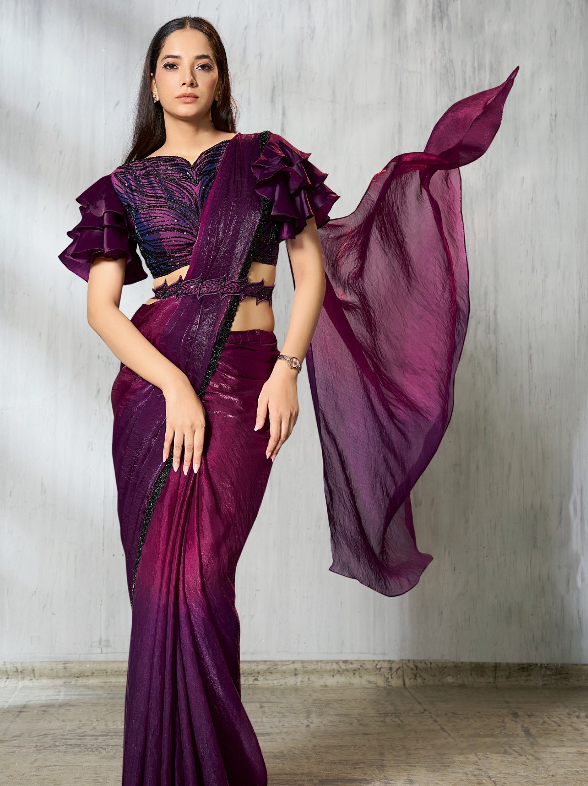 Purple-Pink Dual Tone Ready To Wear Satin Saree With Trendy Blouse