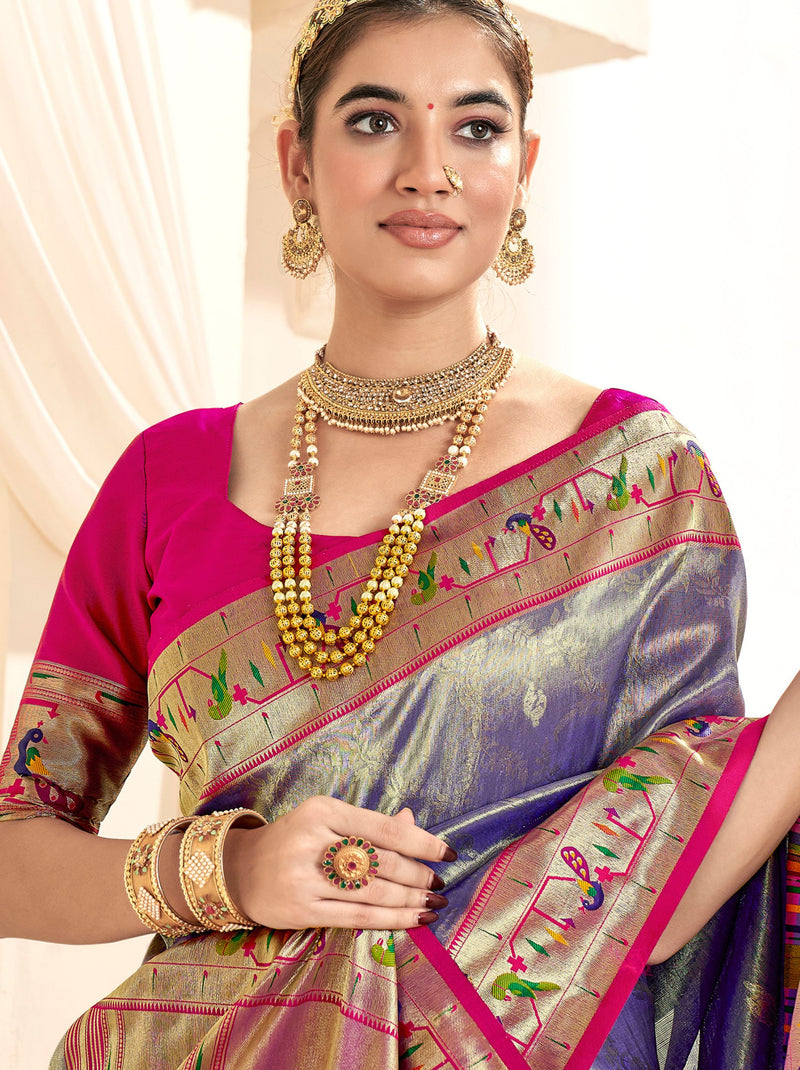 Royal Purple Voilet Paithani Silk Blended Saree - TrendOye