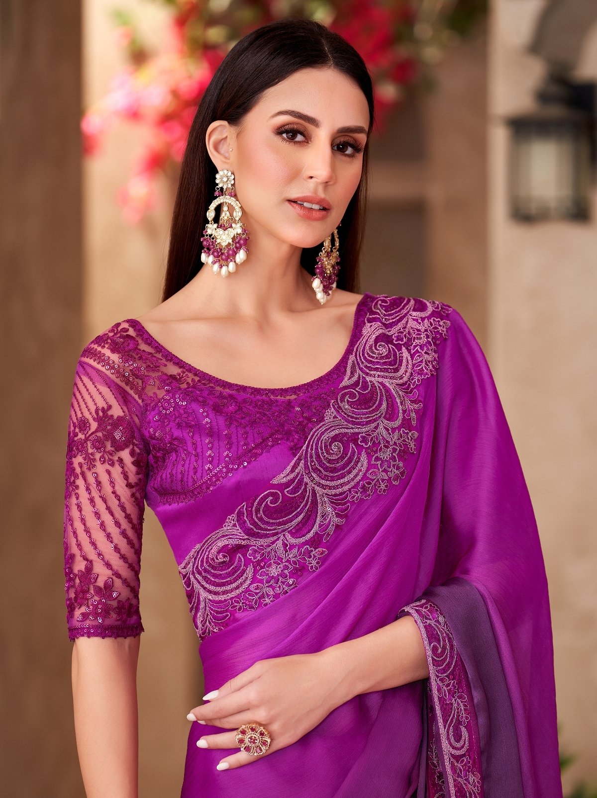 Lollipop Purple Premium Chiffon Dual Tone Saree With Blouse Piece