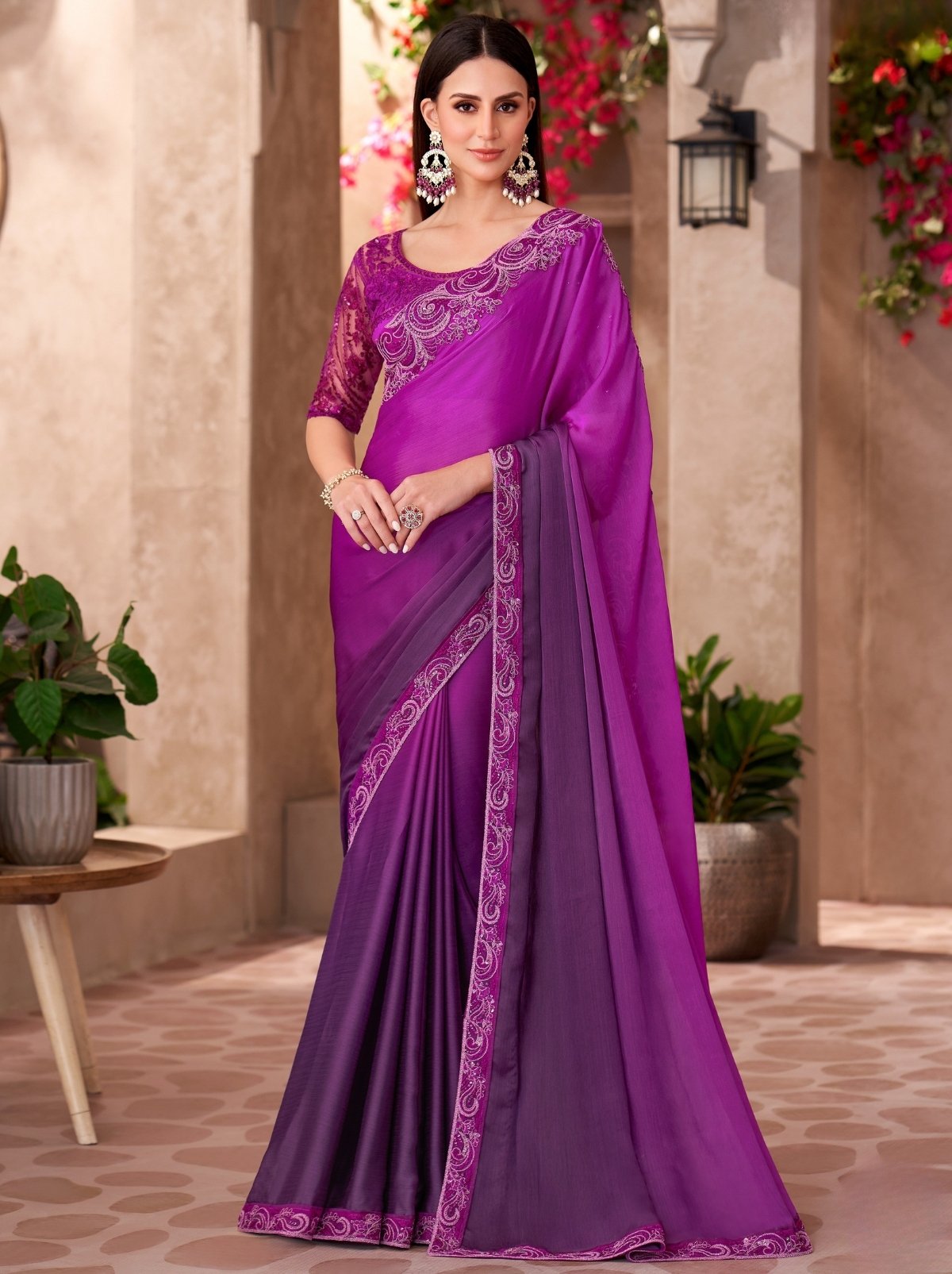 Lollipop Purple Premium Chiffon Dual Tone Saree With Blouse Piece