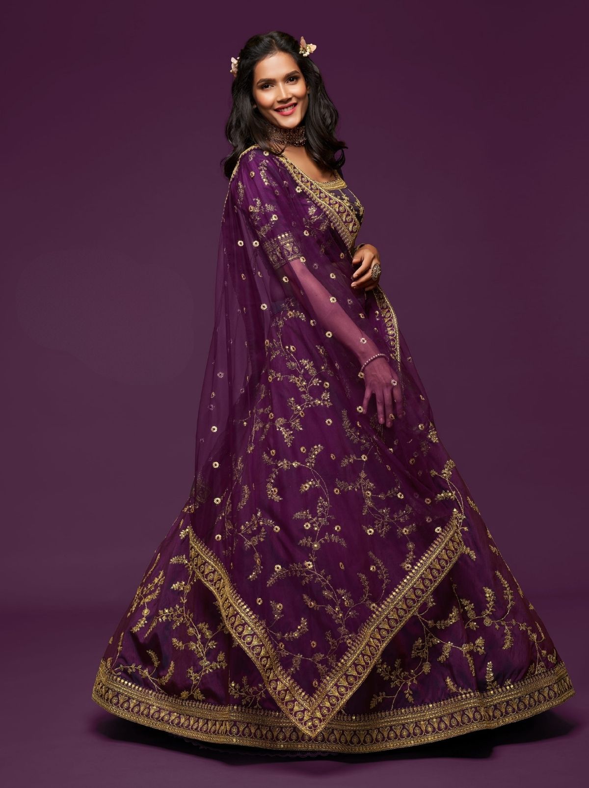 Eggplant Purple Premium Celebration Lehenga Set With Sequin & Zari Work