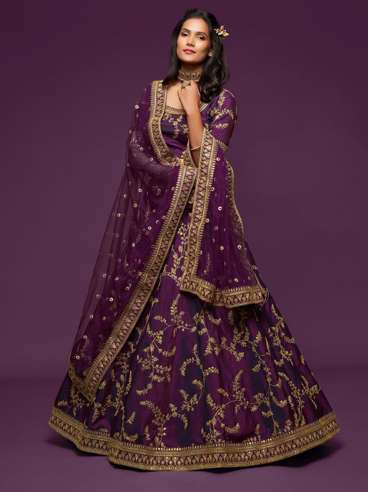 Eggplant Purple Premium Celebration Lehenga Set With Sequin & Zari Work