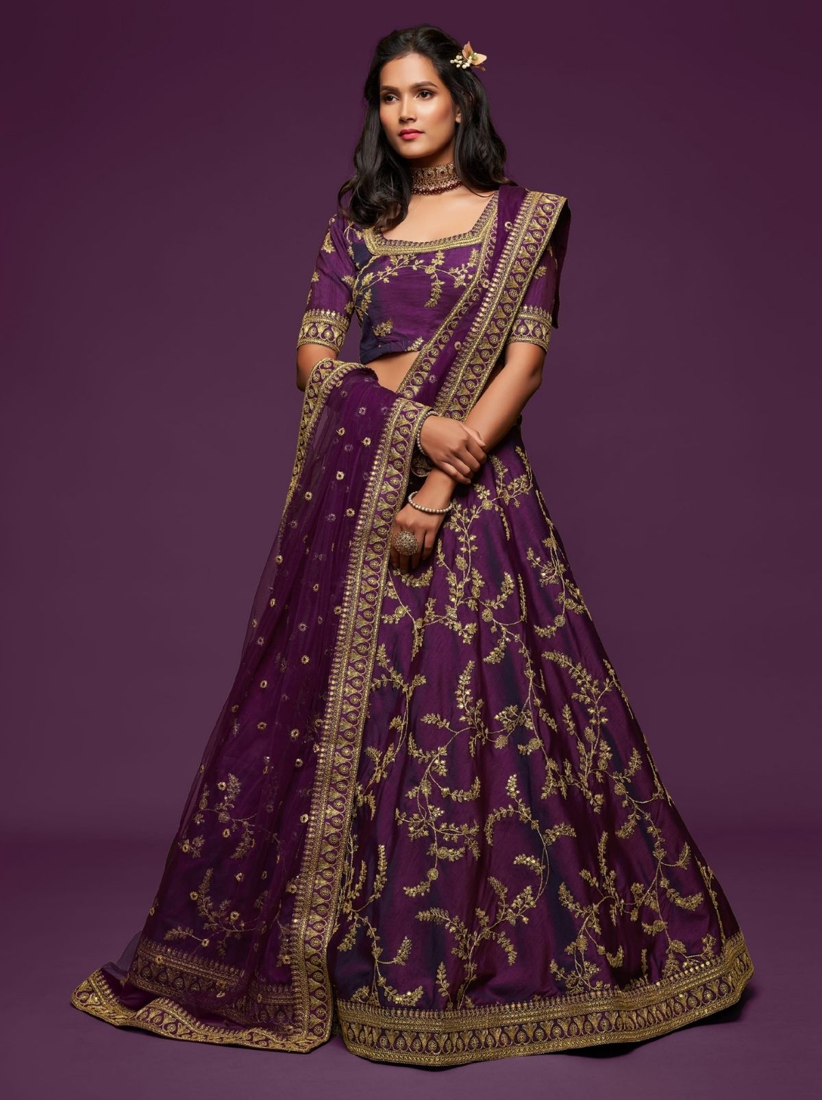 Eggplant Purple Premium Celebration Lehenga Set With Sequin & Zari Work