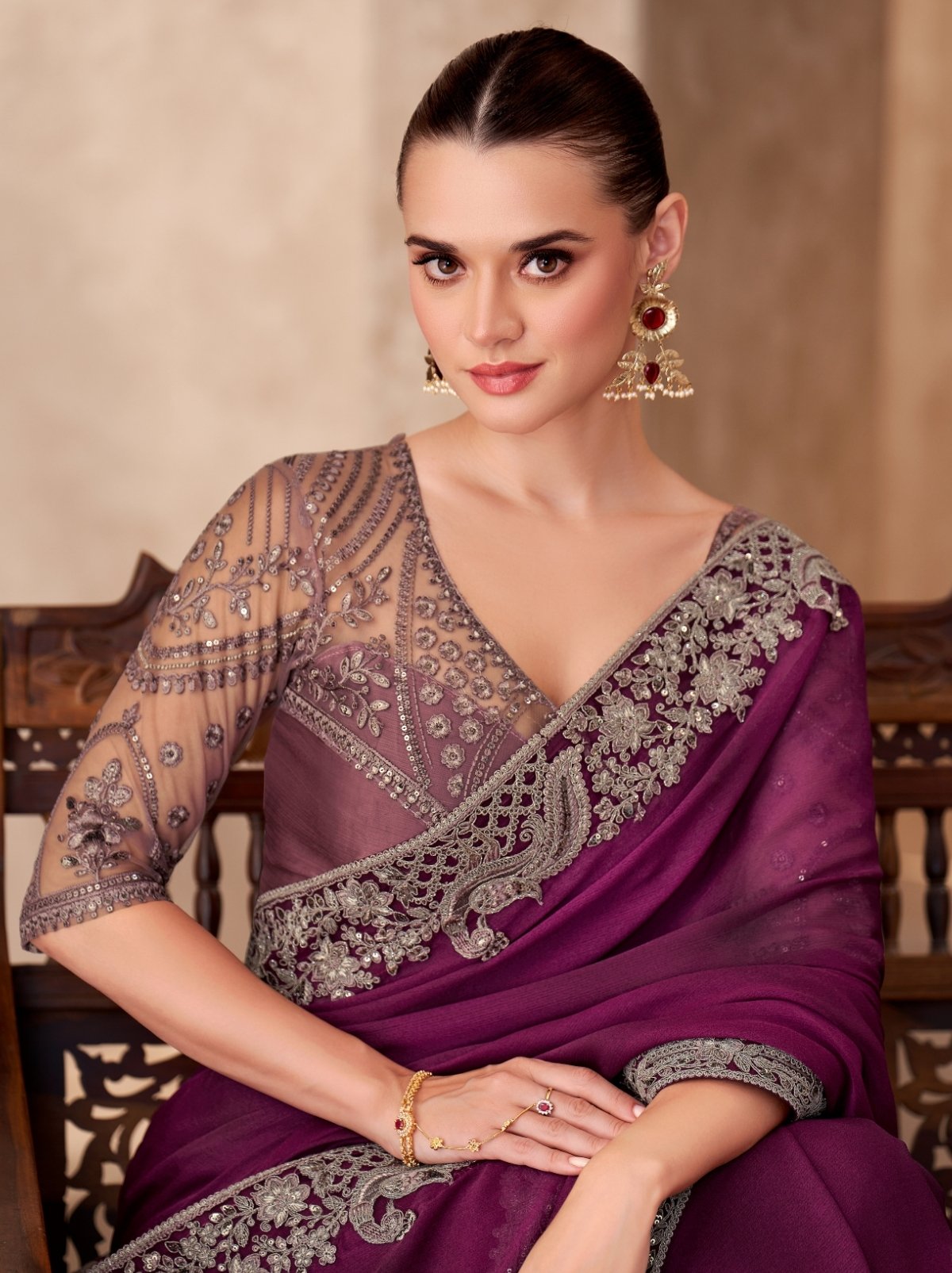 Deep Purple Premium Chiffon Satin Saree With Blouse Piece