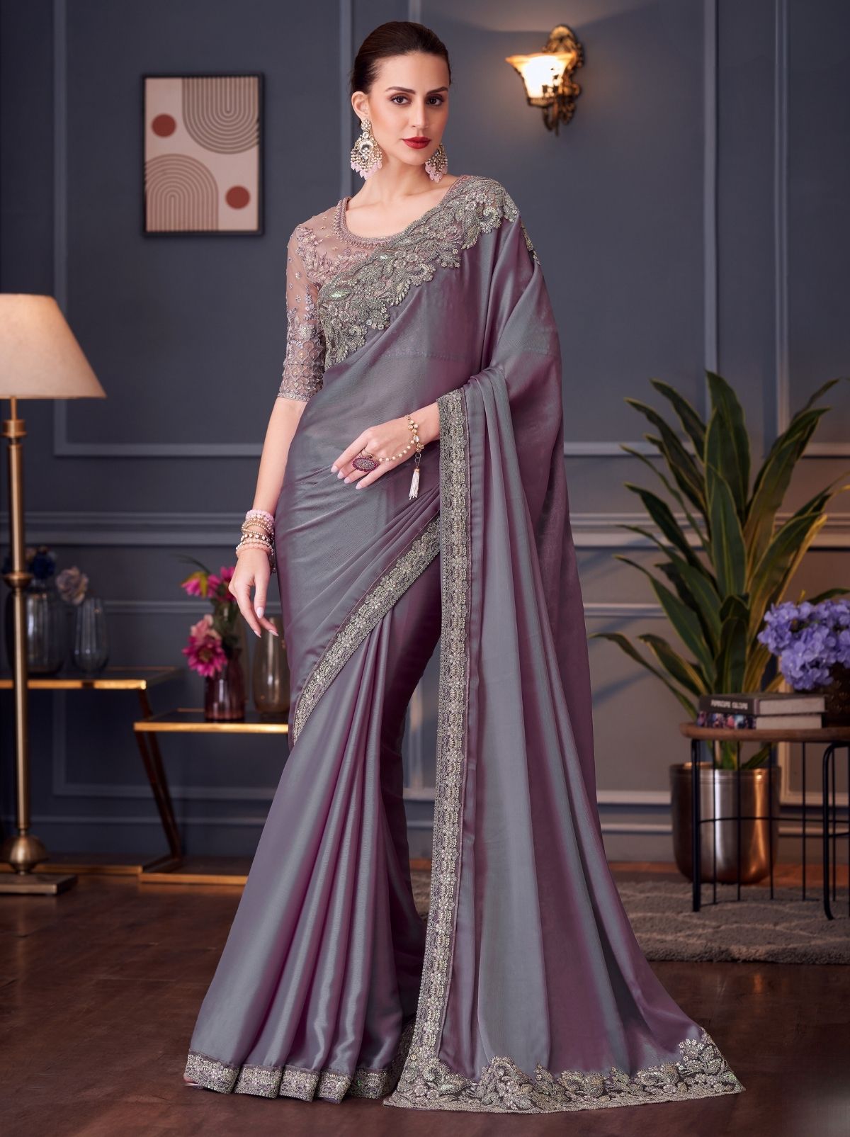 Mauve Violet Party Designer Saree - TrendOye