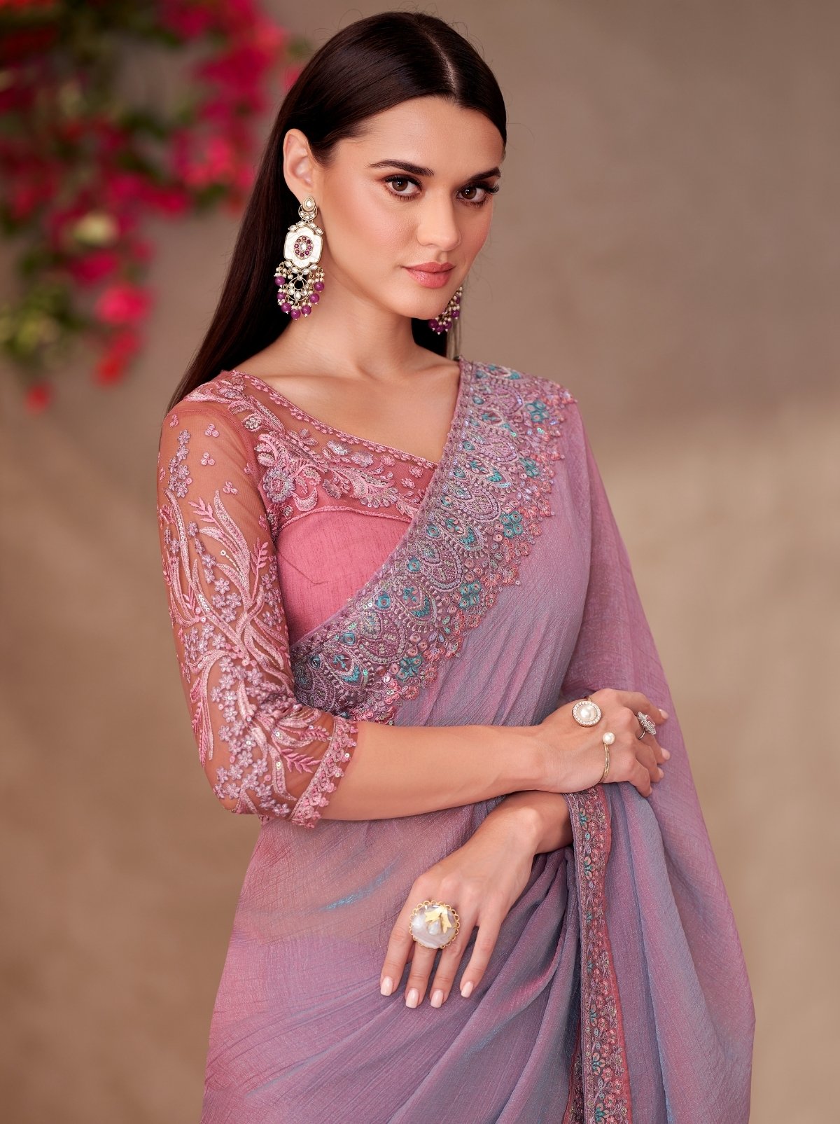 Lavender Purple Premium Georgette Dual Tone Saree With Blouse Piece