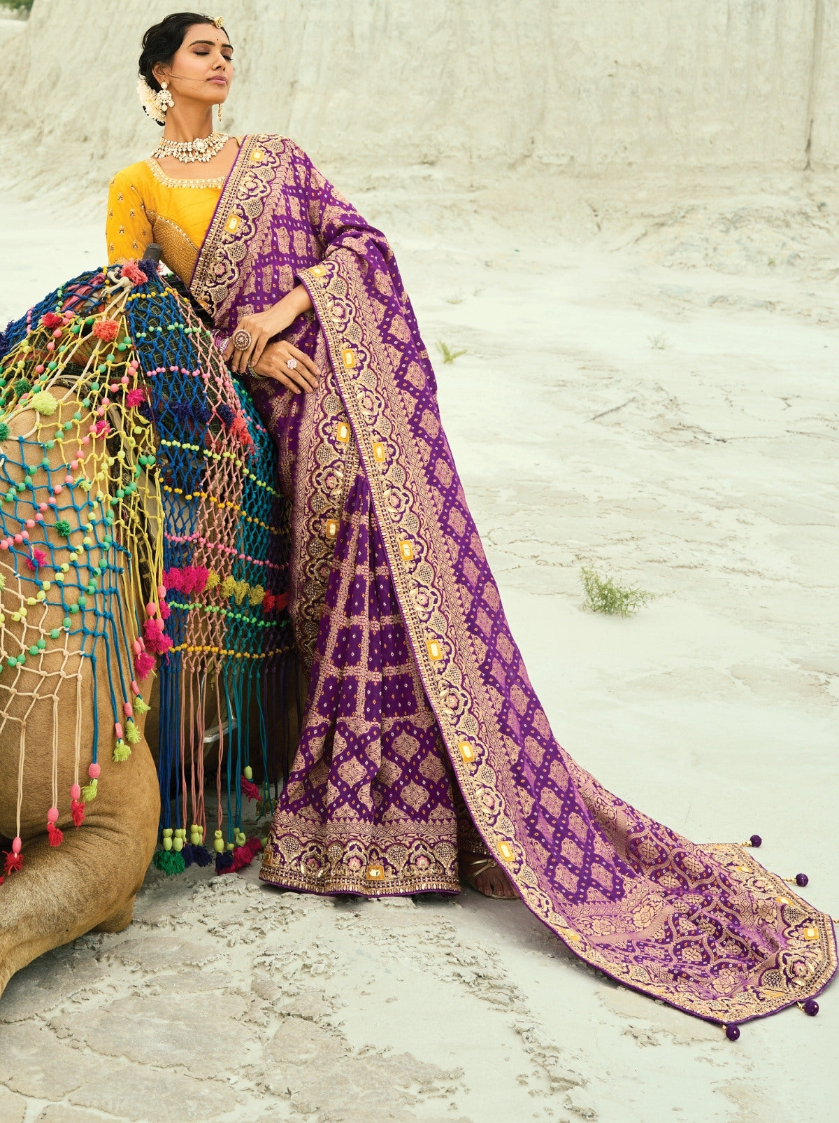 Lollipop Violet Premium Georgette Wedding Saree With Bandhej Work