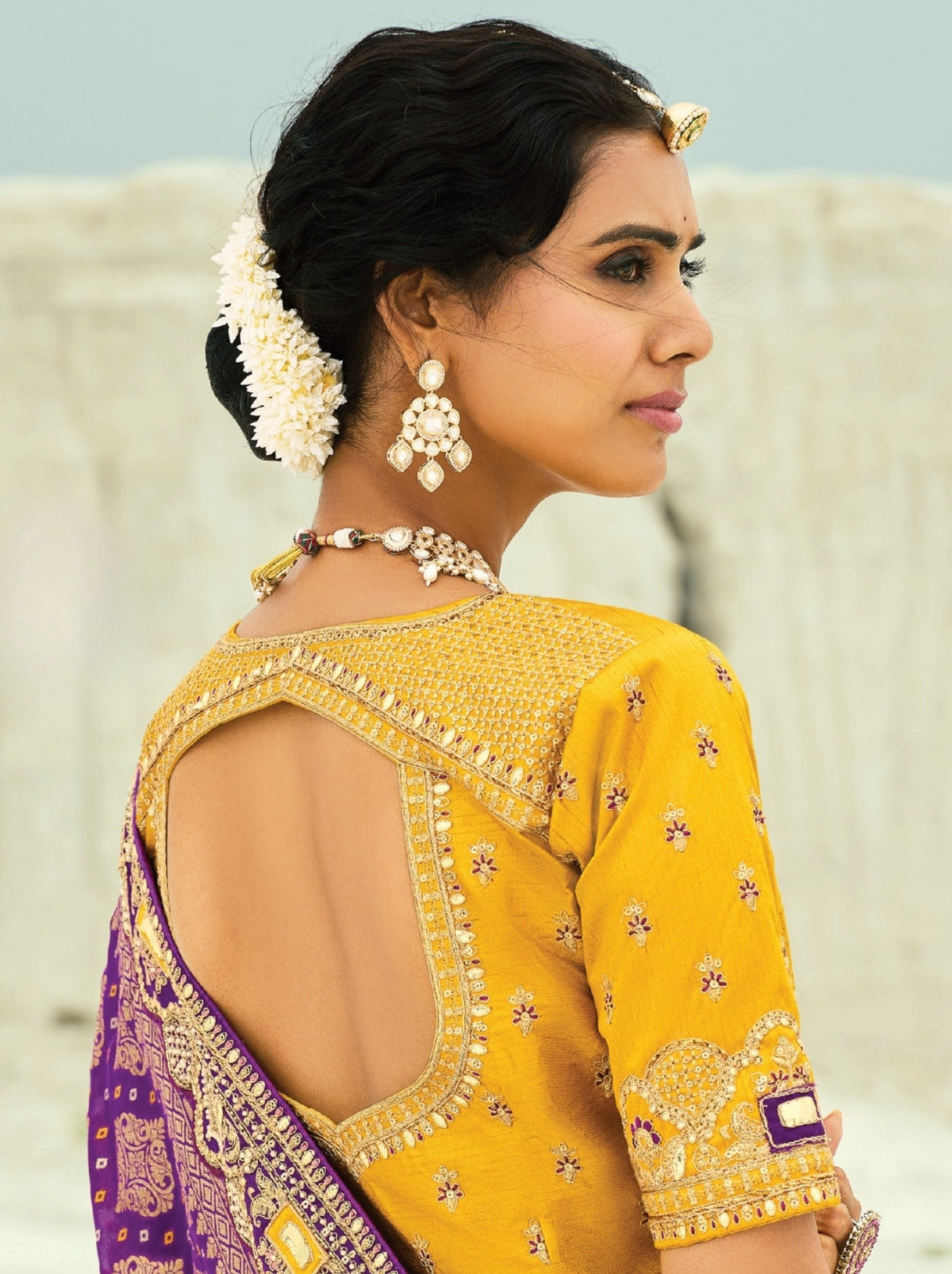 Lollipop Violet Premium Georgette Wedding Saree With Bandhej Work