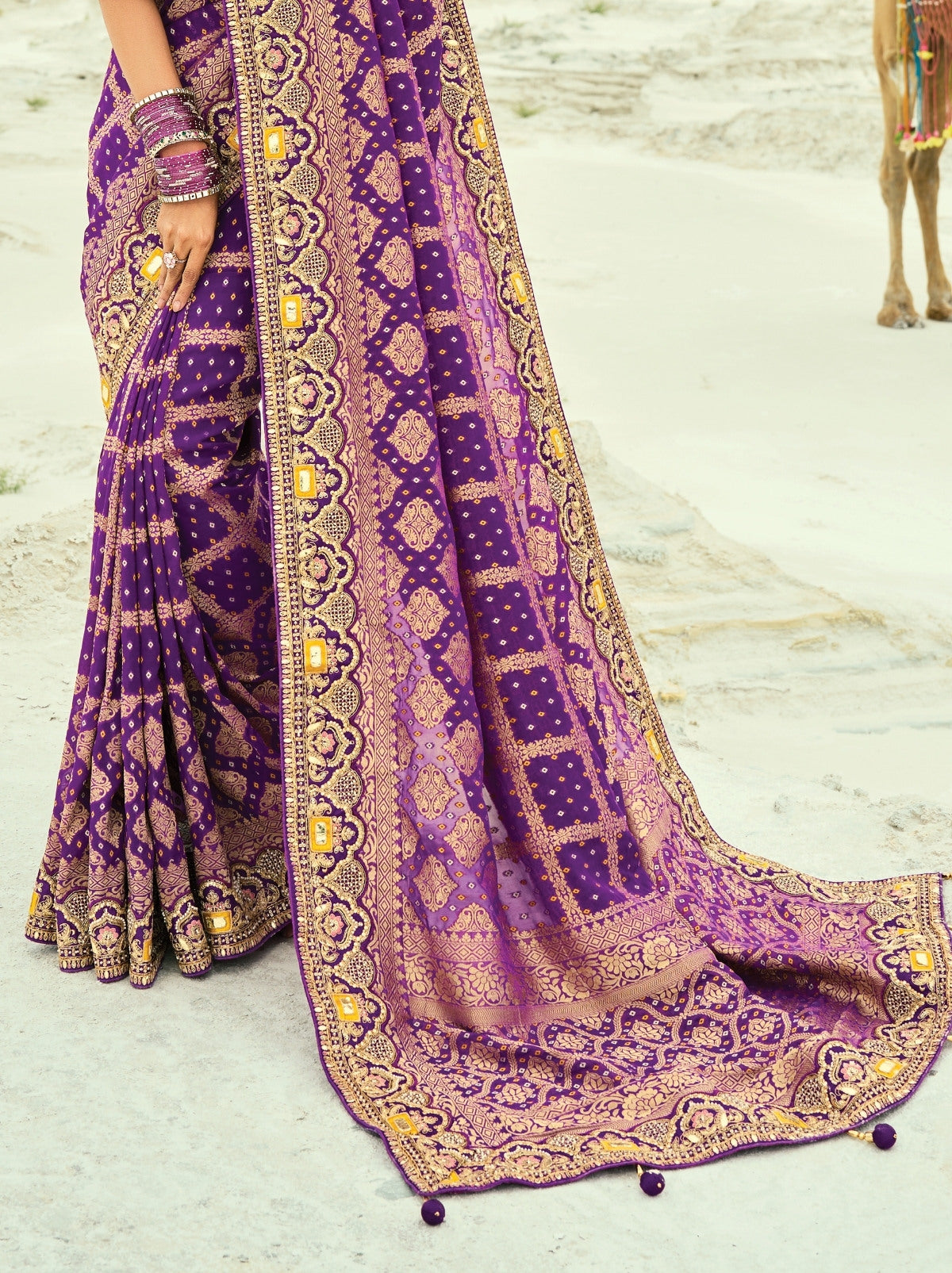 Lollipop Violet Premium Georgette Wedding Saree With Bandhej Work