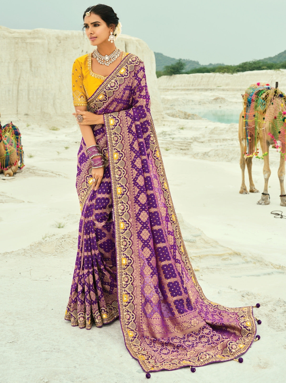 Lollipop Violet Premium Georgette Wedding Saree With Bandhej Work