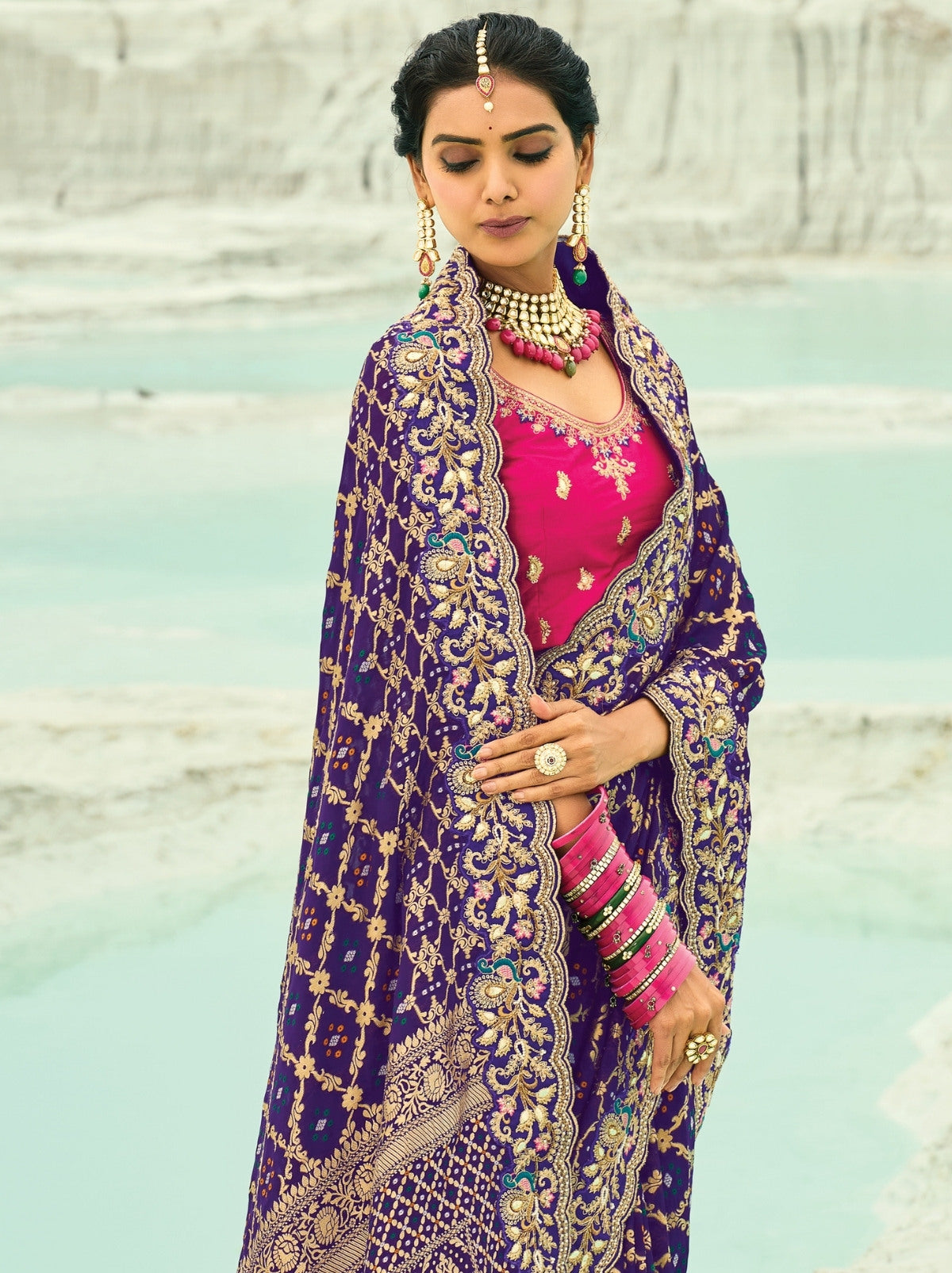 Eggplant Violet Exclusive Georgette Wedding Saree With Bandhej Work