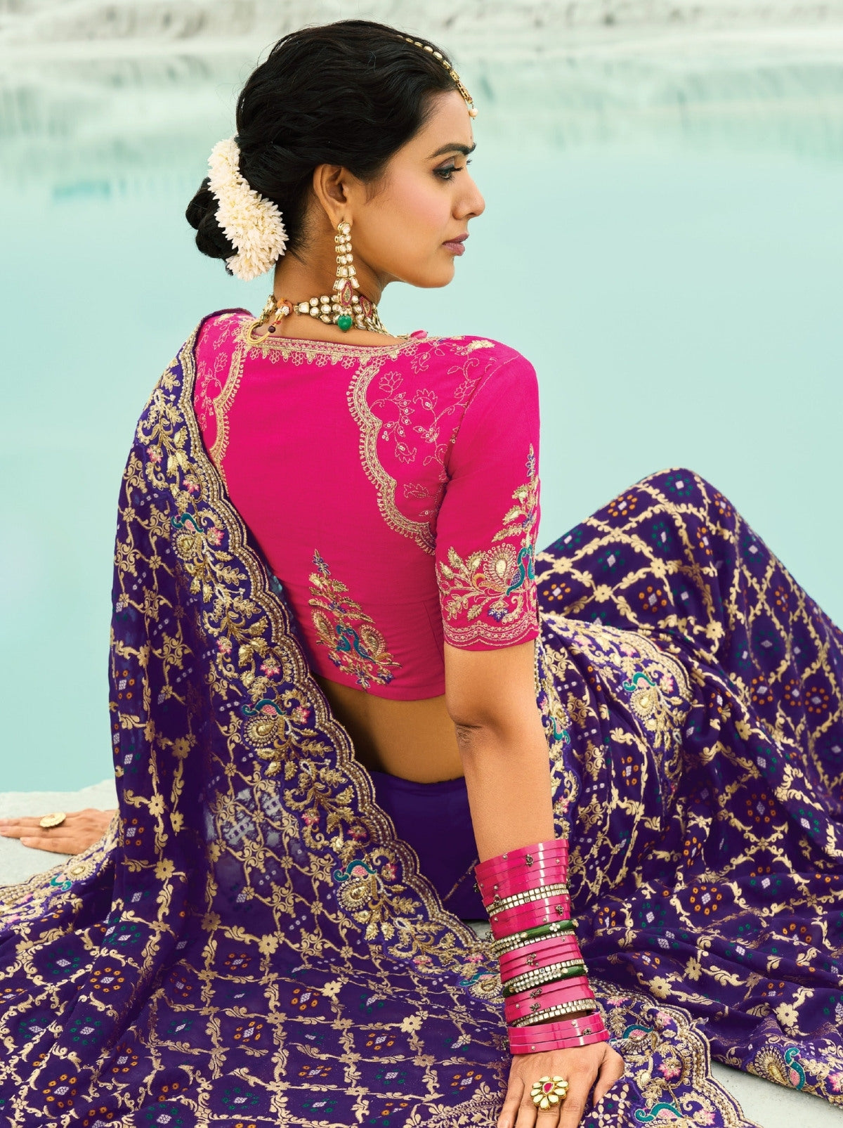 Eggplant Violet Exclusive Georgette Wedding Saree With Bandhej Work