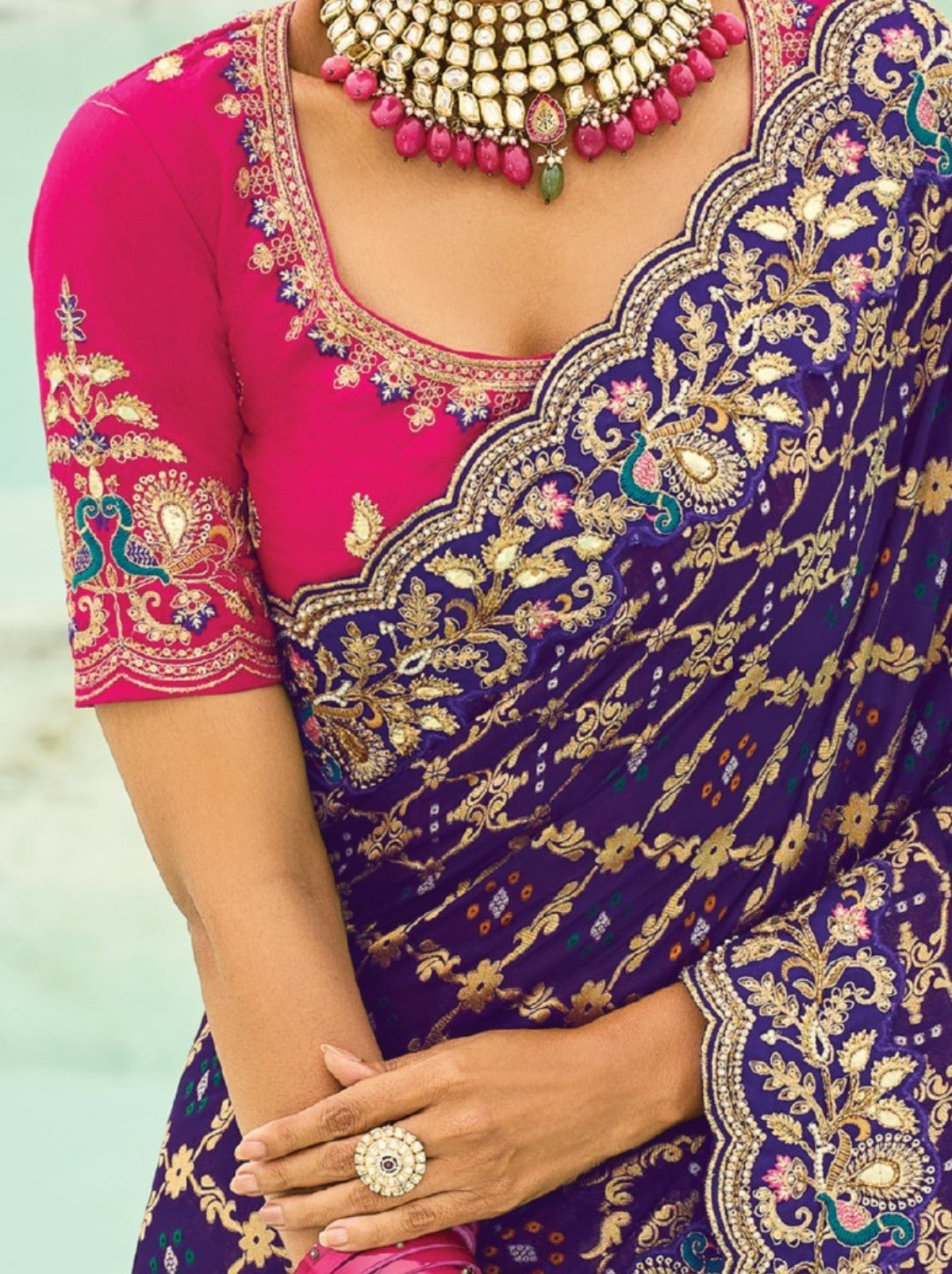 Eggplant Violet Exclusive Georgette Wedding Saree With Bandhej Work