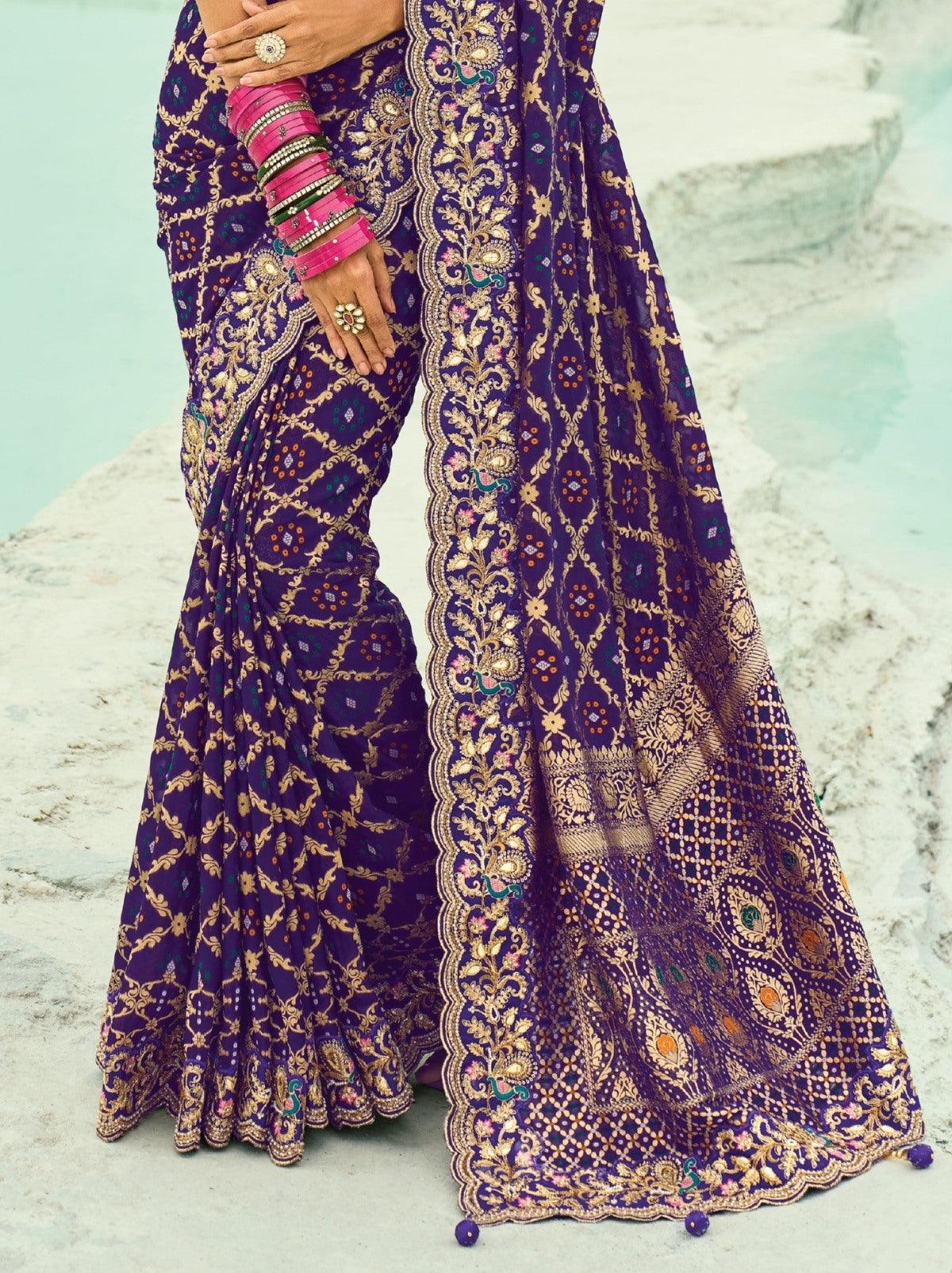 Eggplant Violet Exclusive Georgette Wedding Saree With Bandhej Work