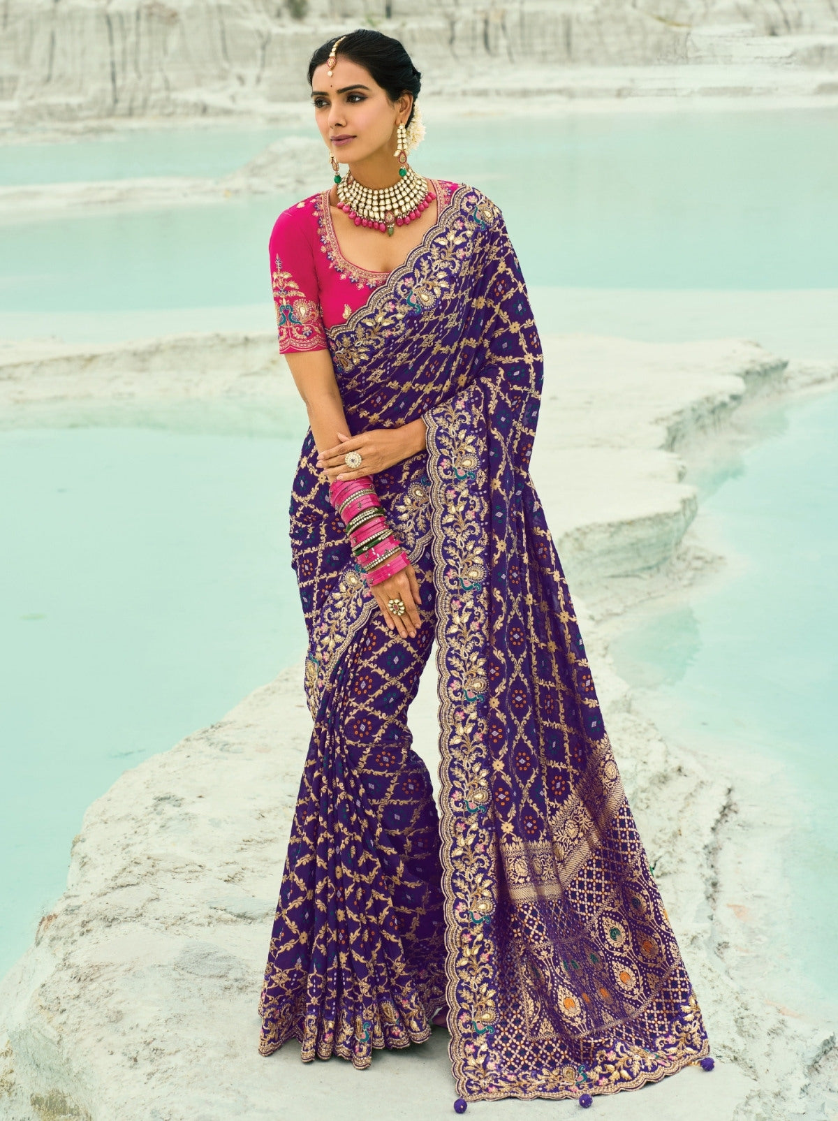 Eggplant Violet Exclusive Georgette Wedding Saree With Bandhej Work