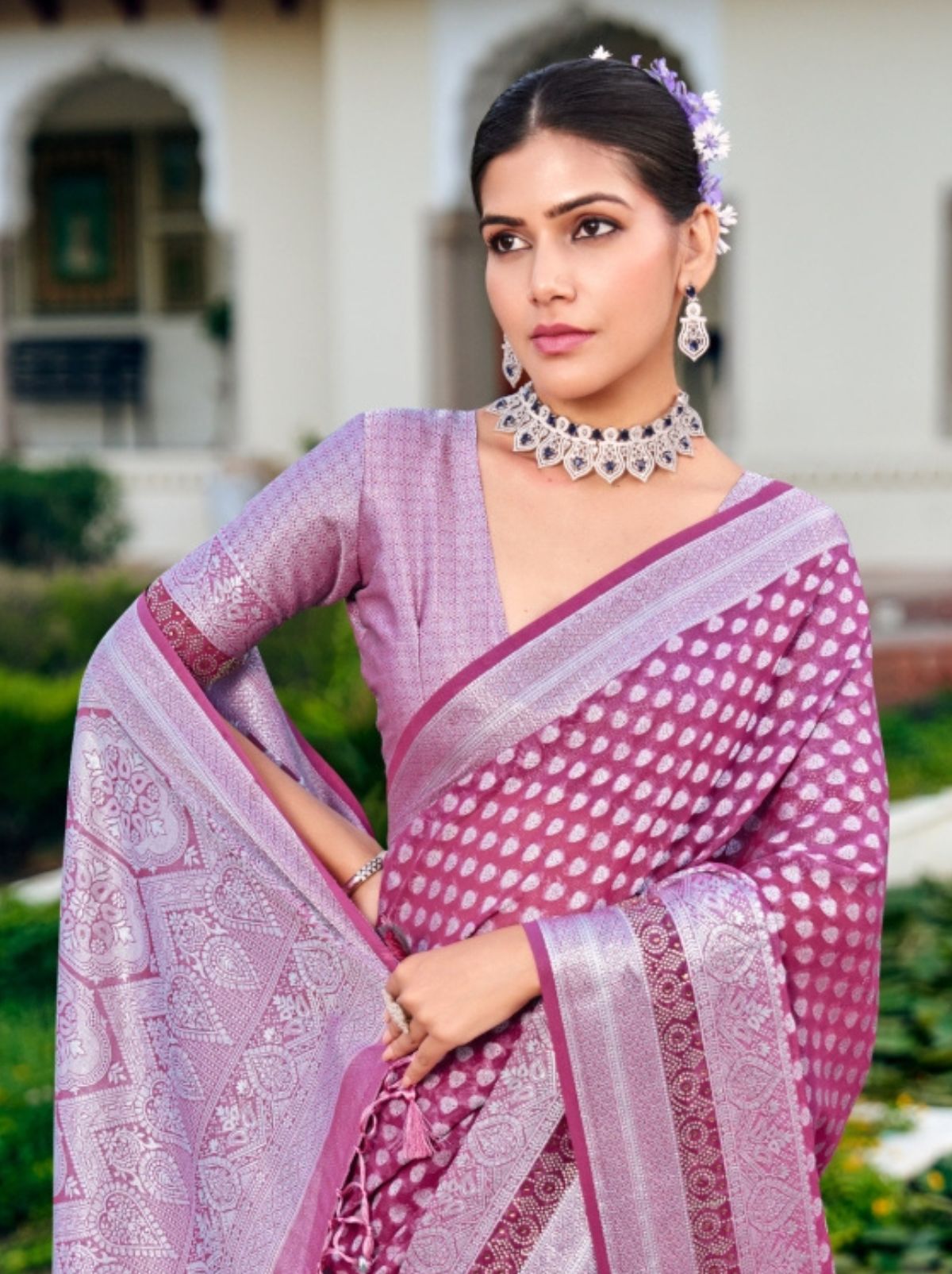 Fandango Purple Premium Georgette Saree With Weaved Motifs