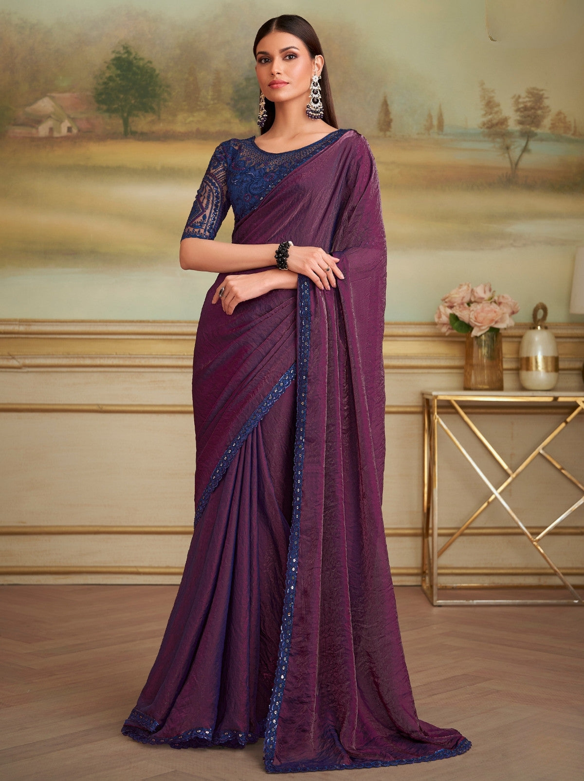 Byzantine Violet Premium Georgette Silk Saree For Wedding & Parties