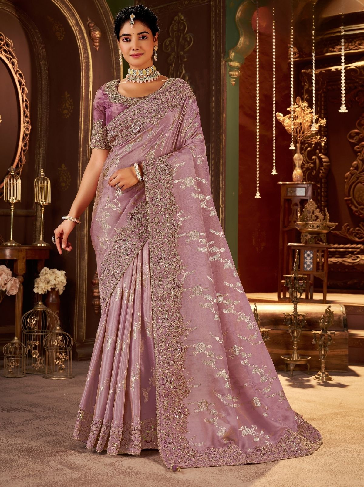 Lilac Purple Premium Heavy Work Bridal Saree With Rich Border Design