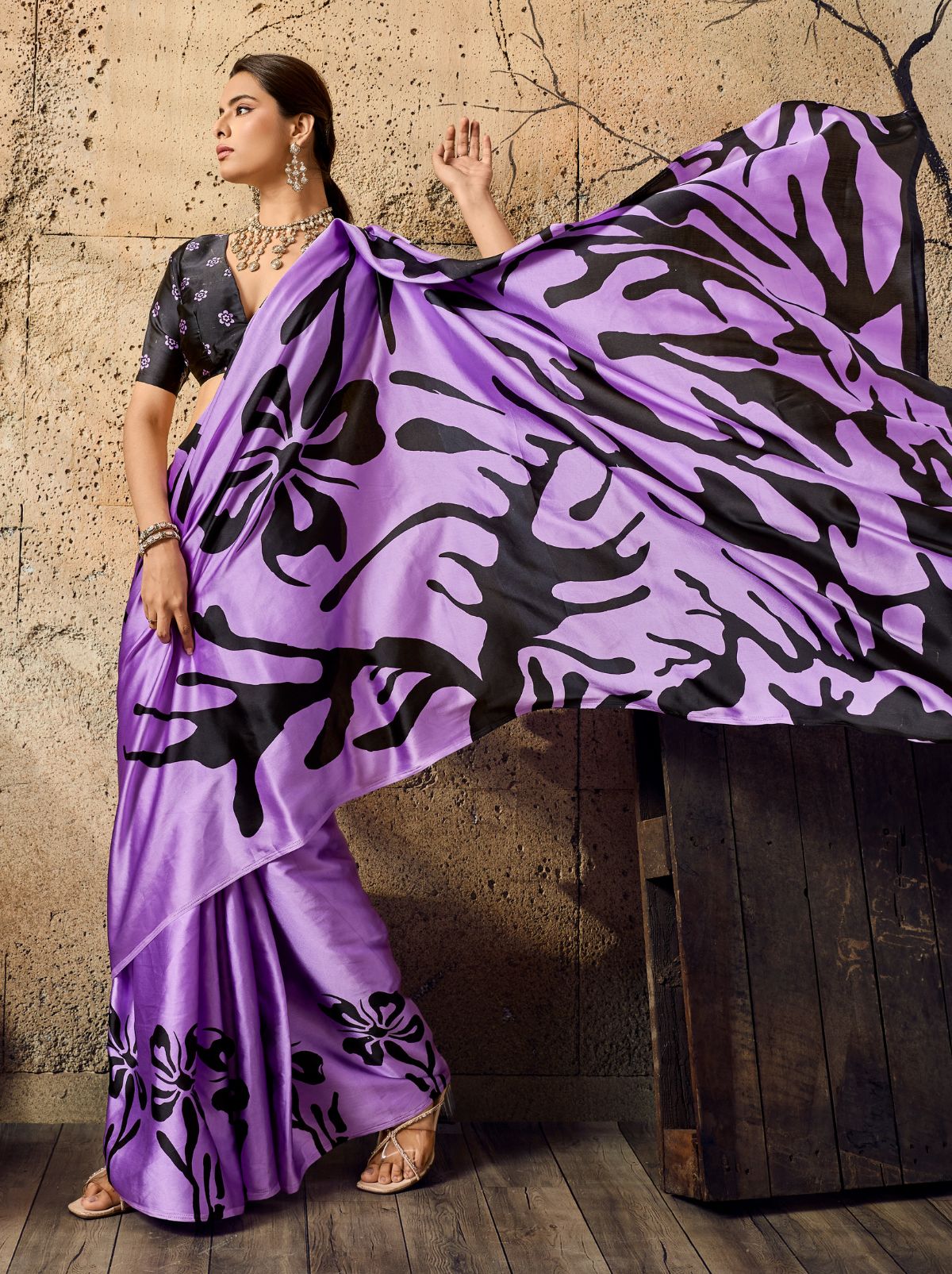 Orchid Purple Premium Modal Satin Silk Saree With Blouse Piece