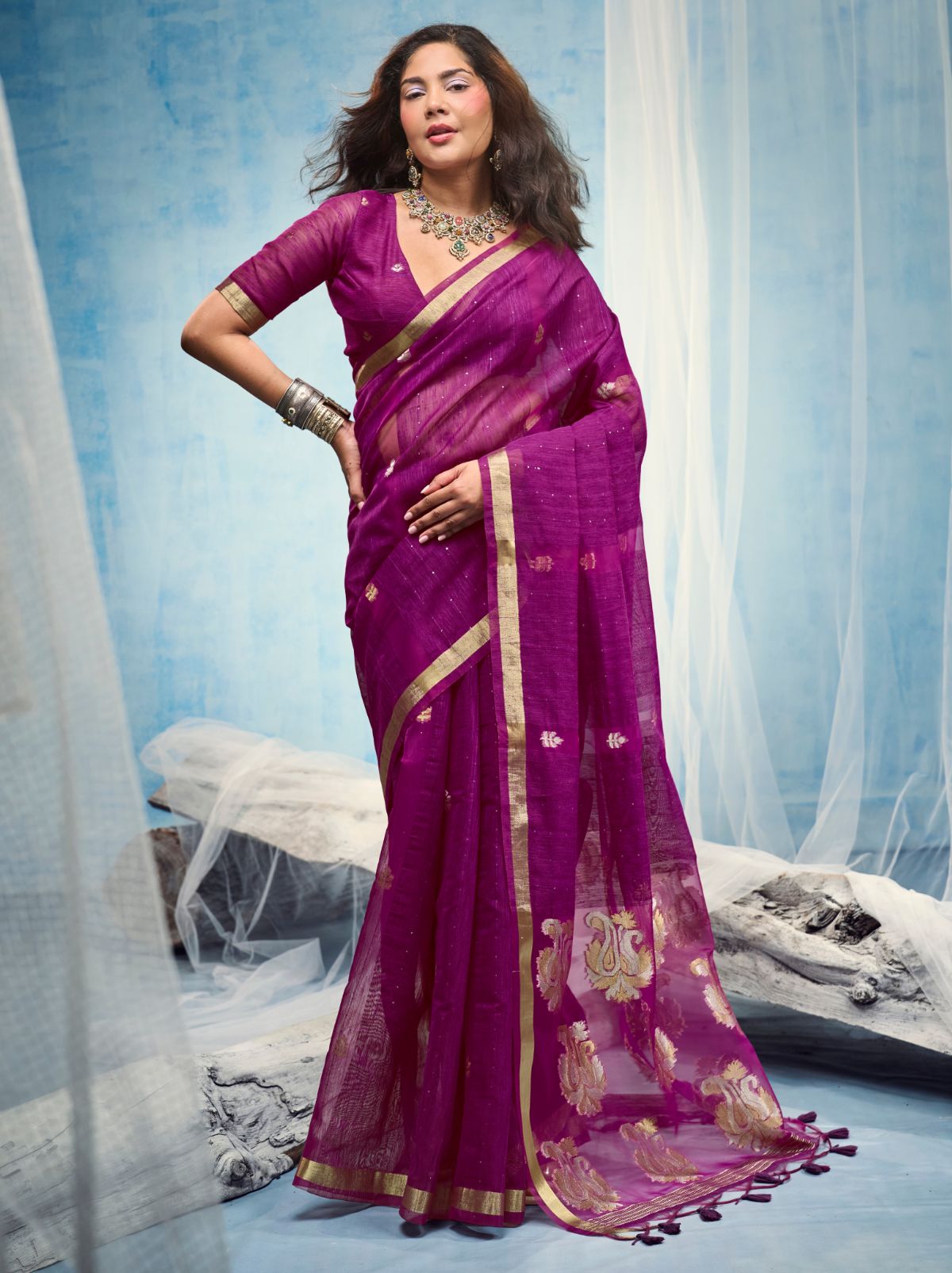 Lollipop Purple Premium Munga Silk Ethnic Saree With Tassels