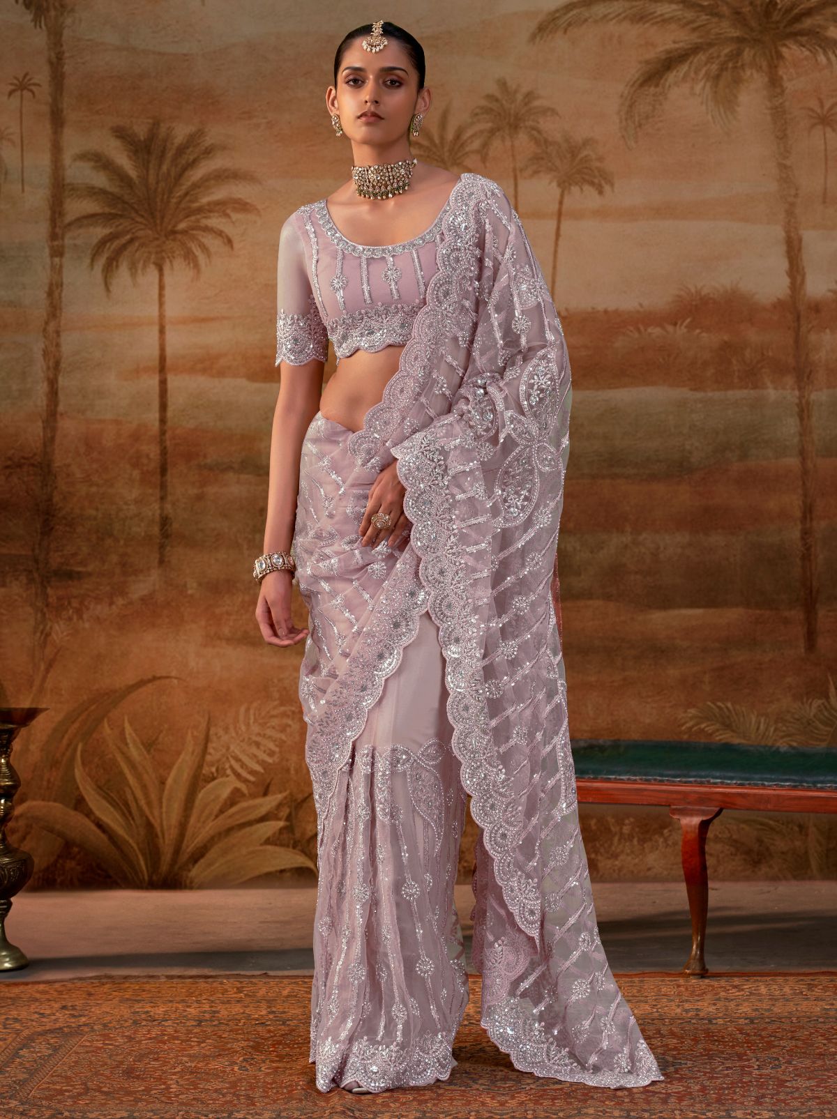 Pastel Purple Premium Net Saree with Heavy Embroidery & Zarkan Work