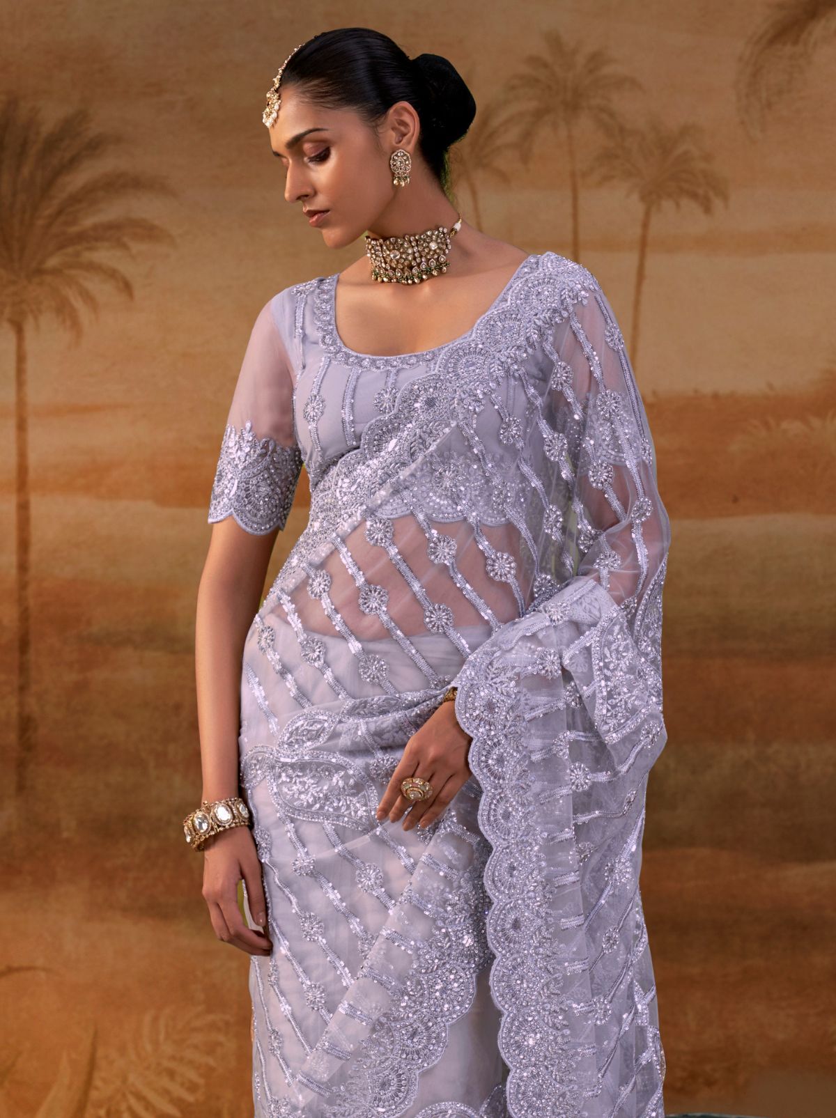 Pale Purple Premium Net Saree with Heavy Embroidery & Zarkan Work