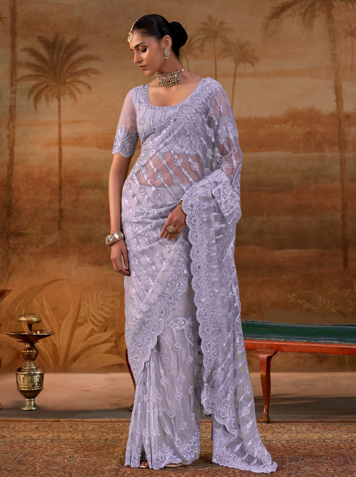 Pale Purple Premium Net Saree with Heavy Embroidery & Zarkan Work