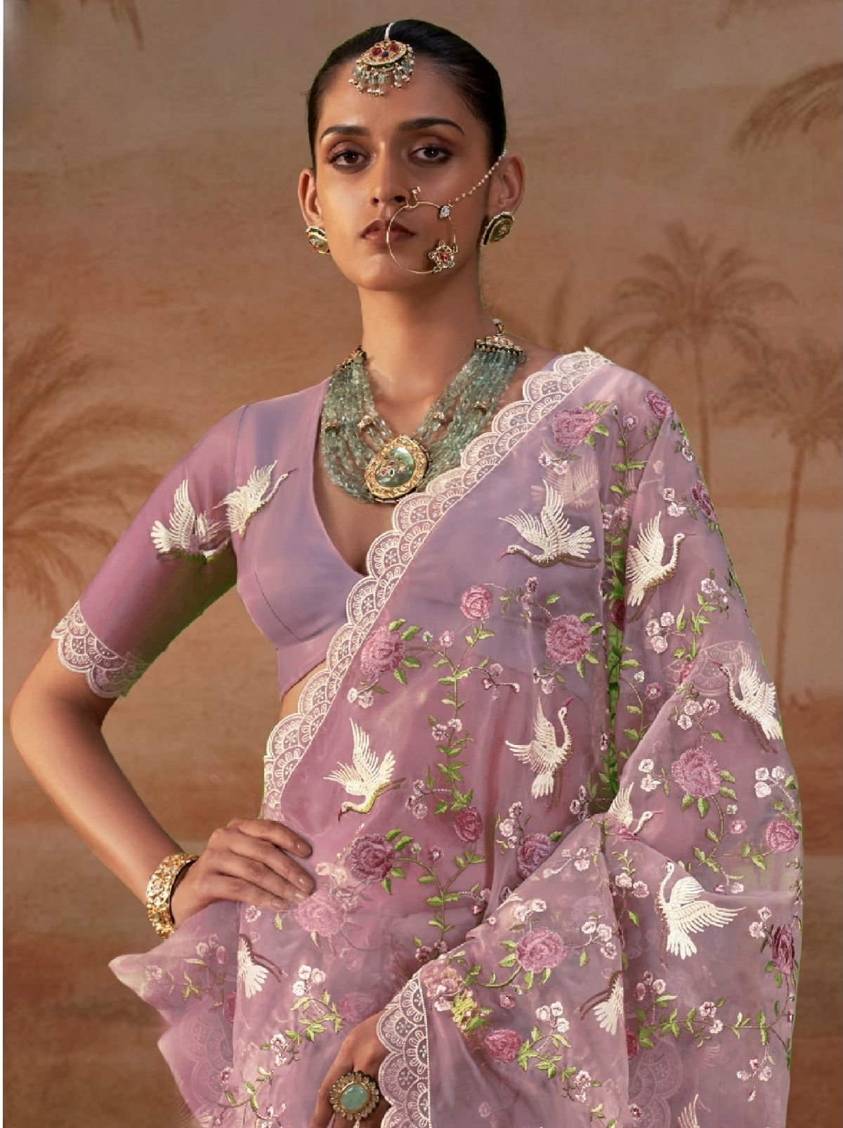 Mauve Purple Premium Organza Silk Saree with Floral Embroidery