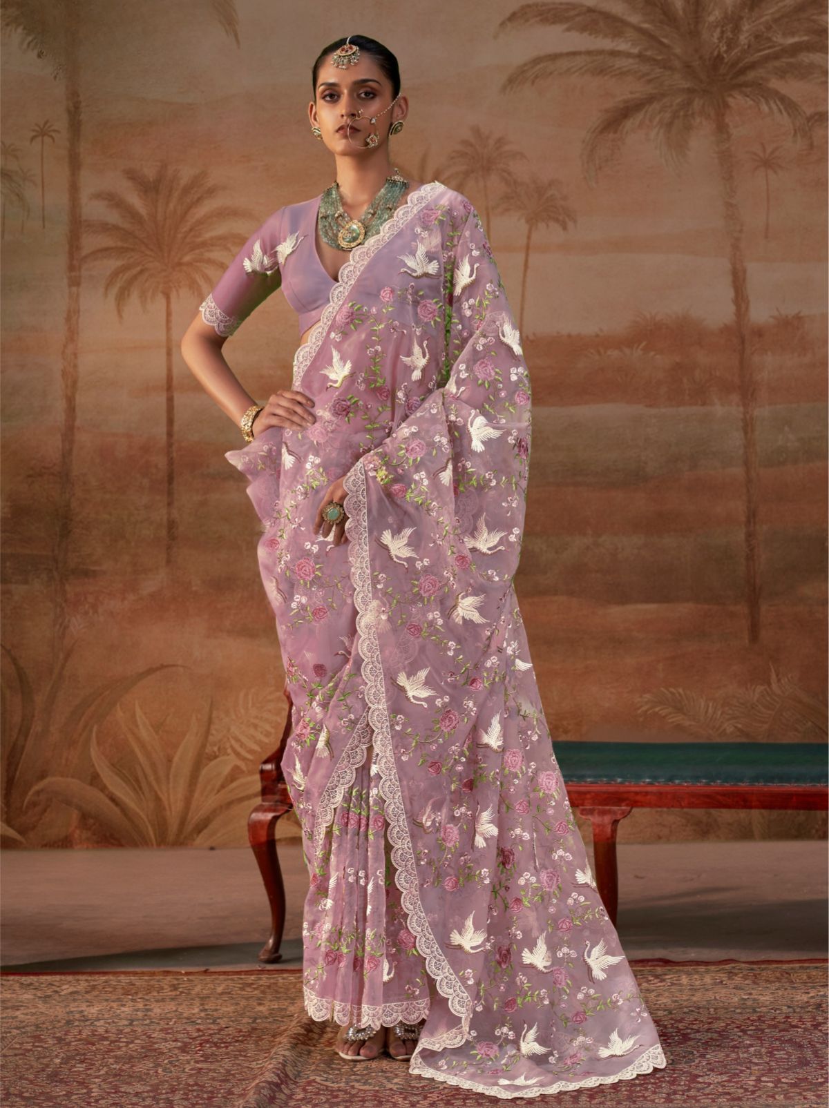 Mauve Purple Premium Organza Silk Saree with Floral Embroidery