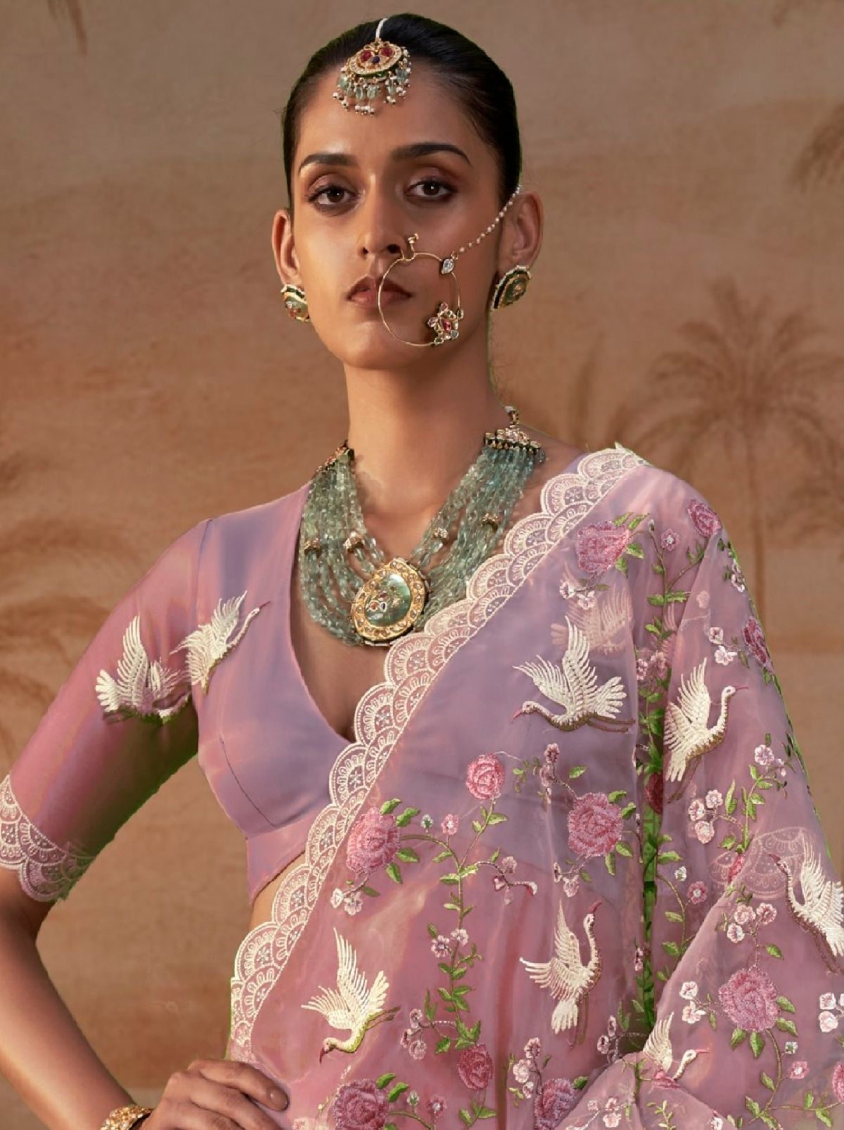 Puce Pink Premium Organza Silk Saree with Floral Embroidery