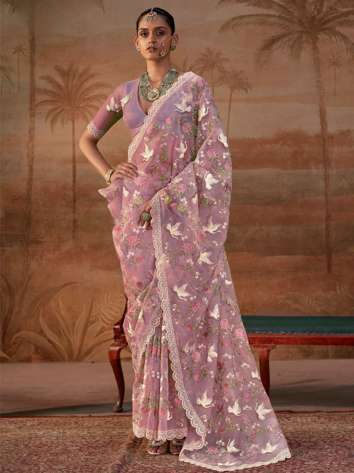 Puce Pink Premium Organza Silk Saree with Floral Embroidery