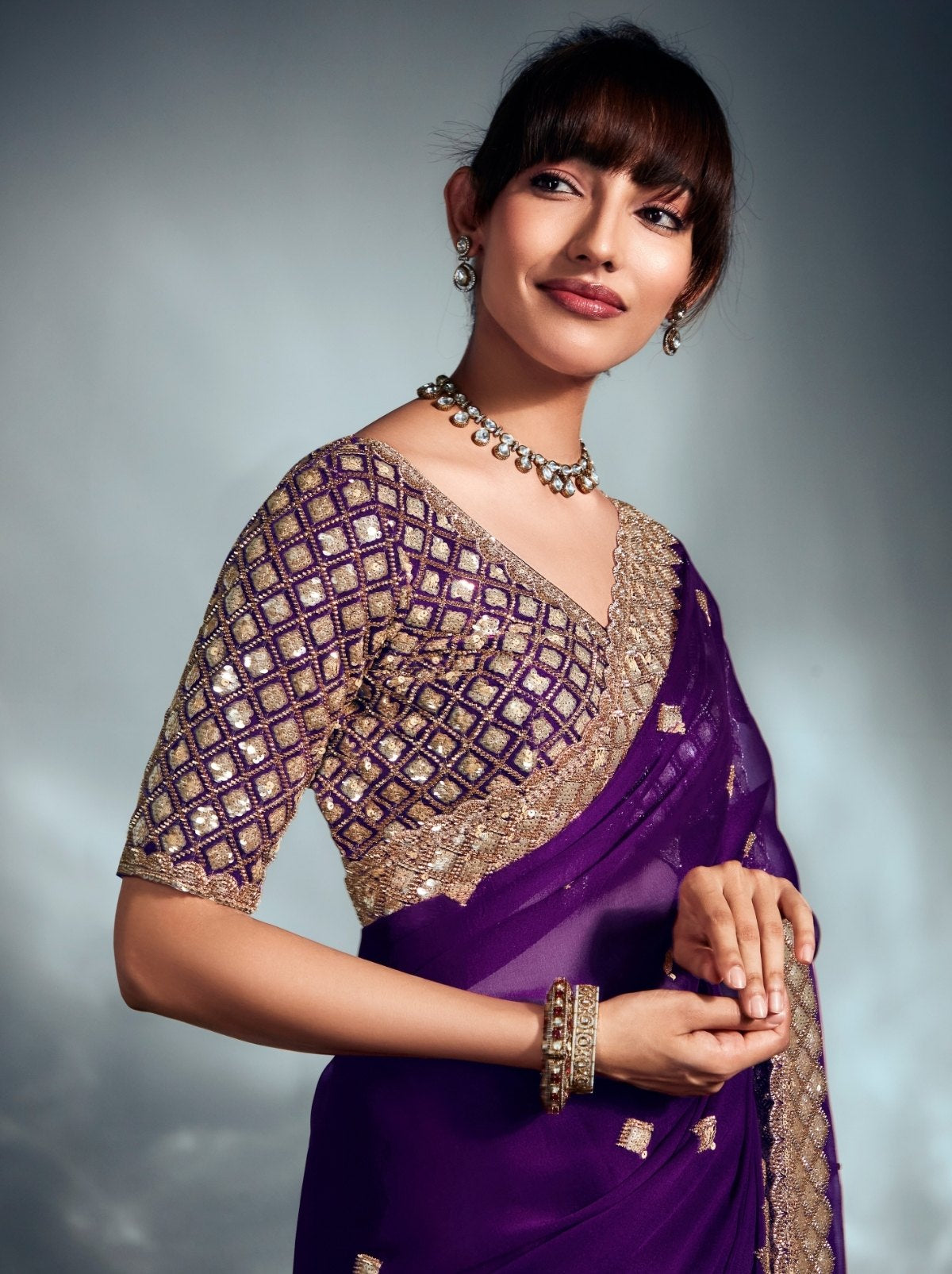 Indigo Purple Tissue Organza Wedding Saree With Blouse Piece