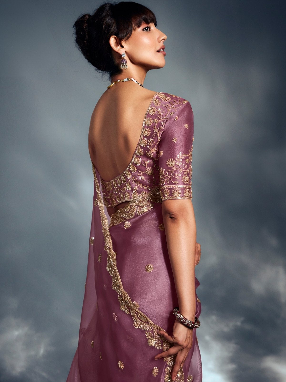 Lavender Purple Tissue Organza Wedding Saree With Blouse Piece