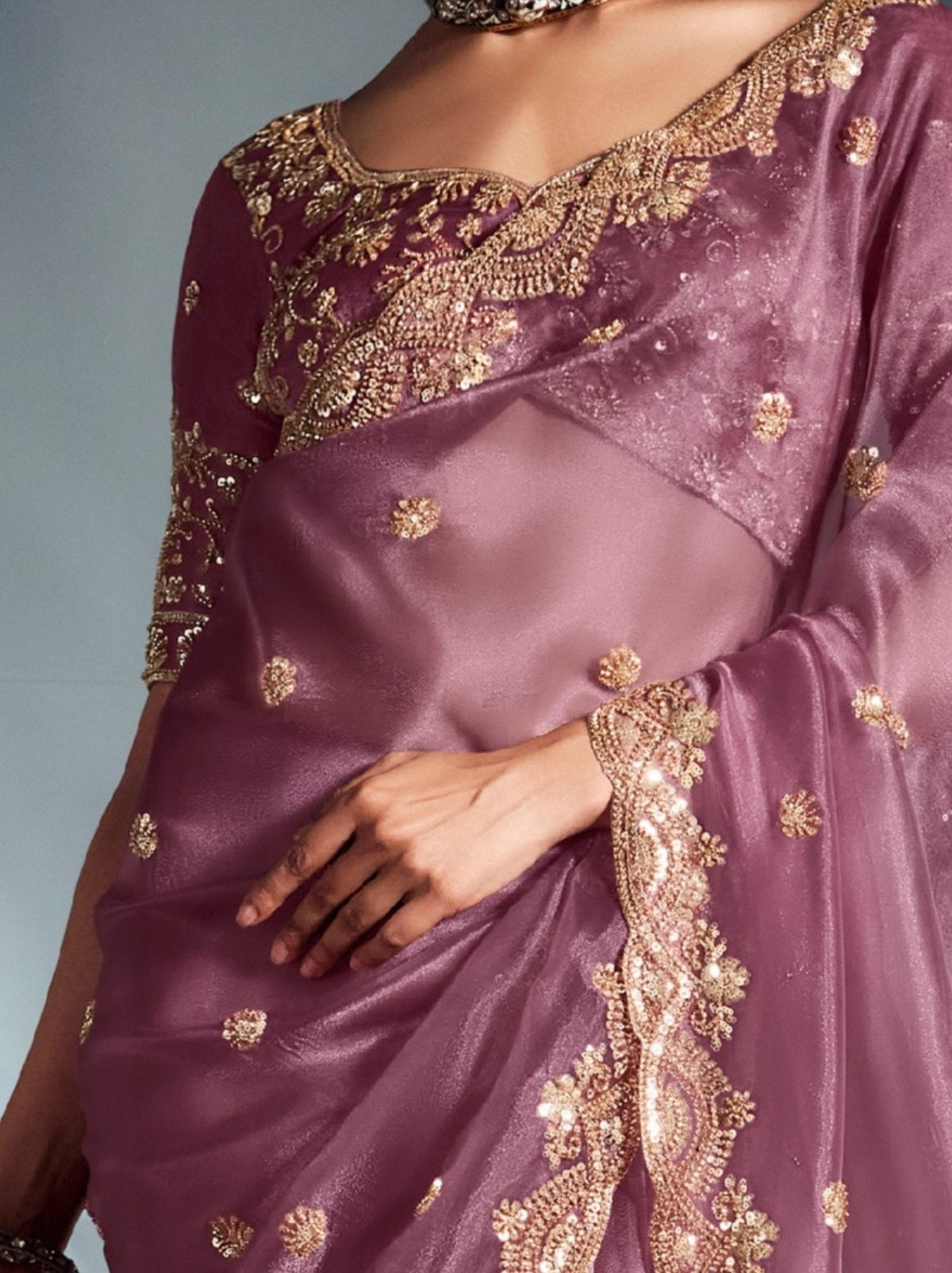 Lavender Purple Tissue Organza Wedding Saree With Blouse Piece