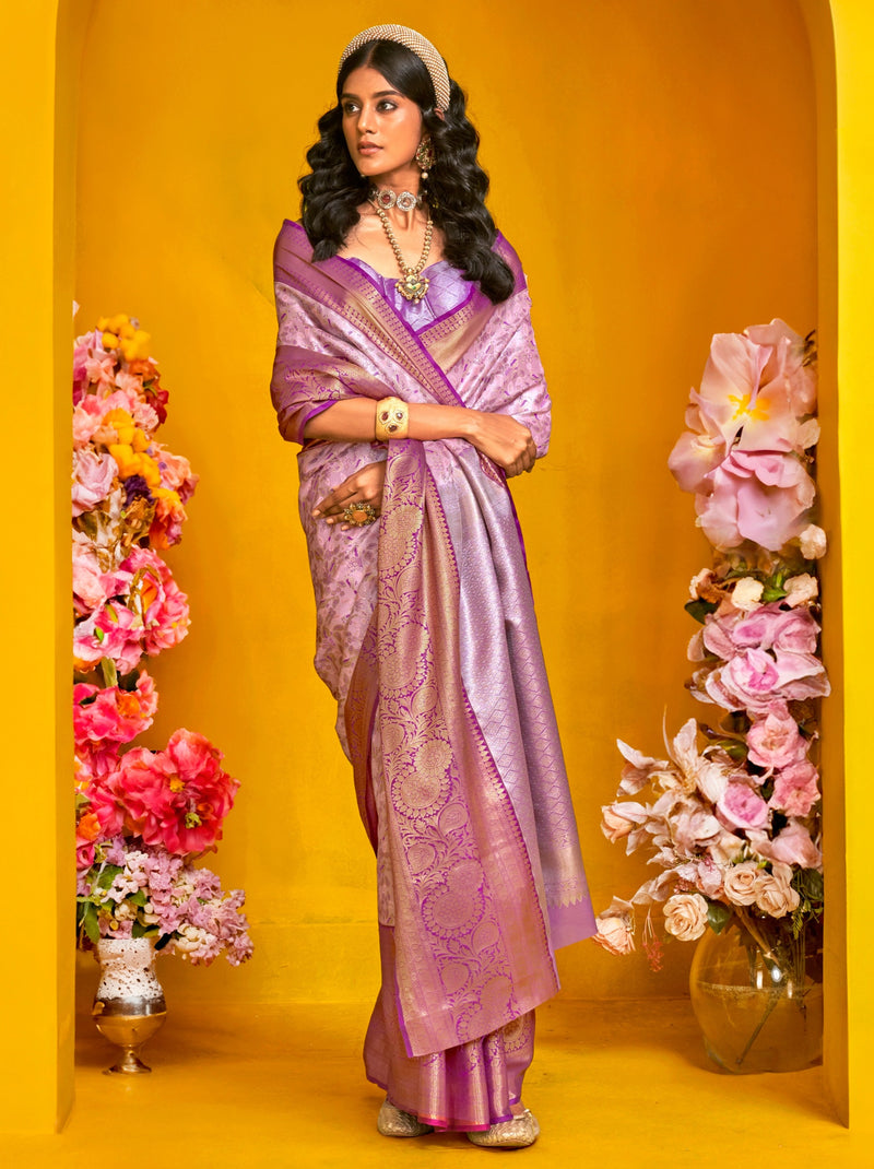 Lavender Purple Premium Soft Silk Floral Pattern Saree With Unstitched Blouse