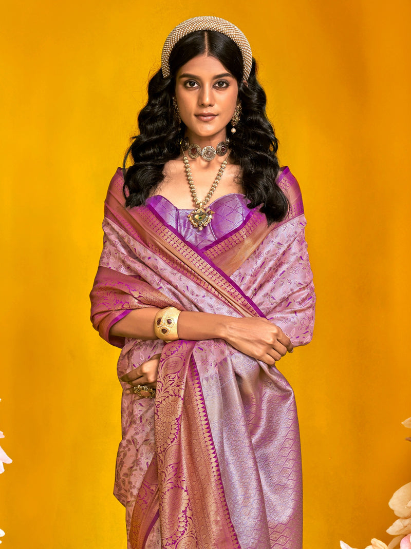 Lavender Purple Premium Soft Silk Floral Pattern Saree With Unstitched Blouse