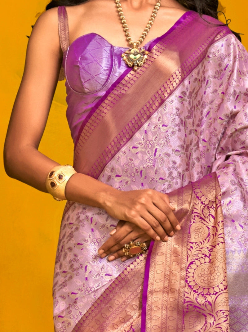 Lavender Purple Premium Soft Silk Floral Pattern Saree With Unstitched Blouse
