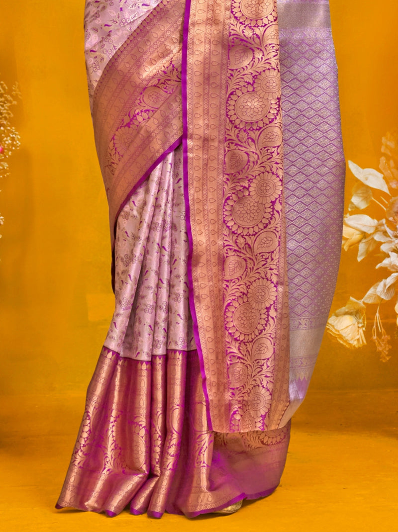 Lavender Purple Premium Soft Silk Floral Pattern Saree With Unstitched Blouse