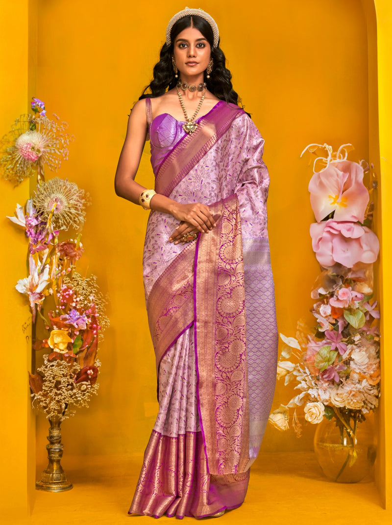 Lavender Purple Premium Soft Silk Floral Pattern Saree With Unstitched Blouse