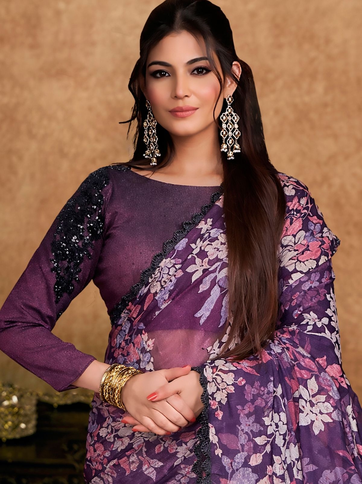 Floral Purple Premium Reception Wear Saree With Unstitched Blouse