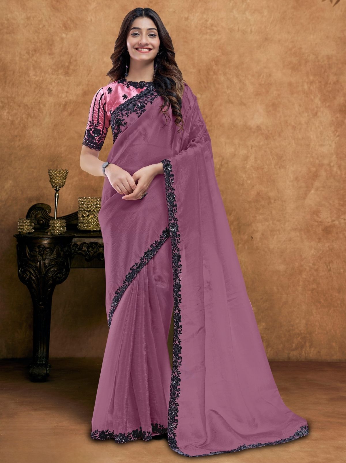Plum Purple Premium Reception Wear Saree With Unstitched Blouse