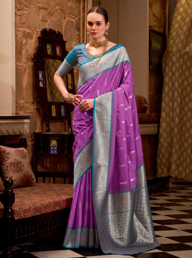 Lavender Purple Premium Festive Silk Saree With Unstitched Blouse