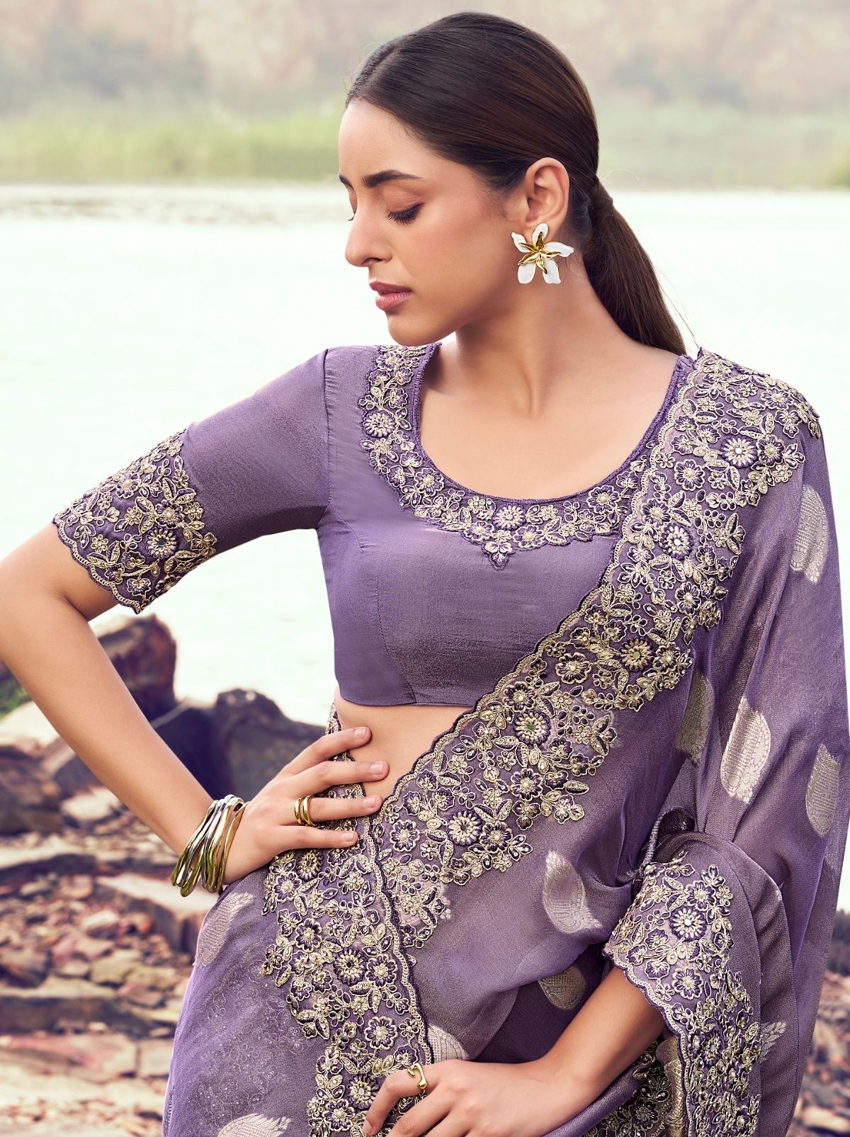 Mauve Violet Premium Tissue Silk Saree With Blouse Piece