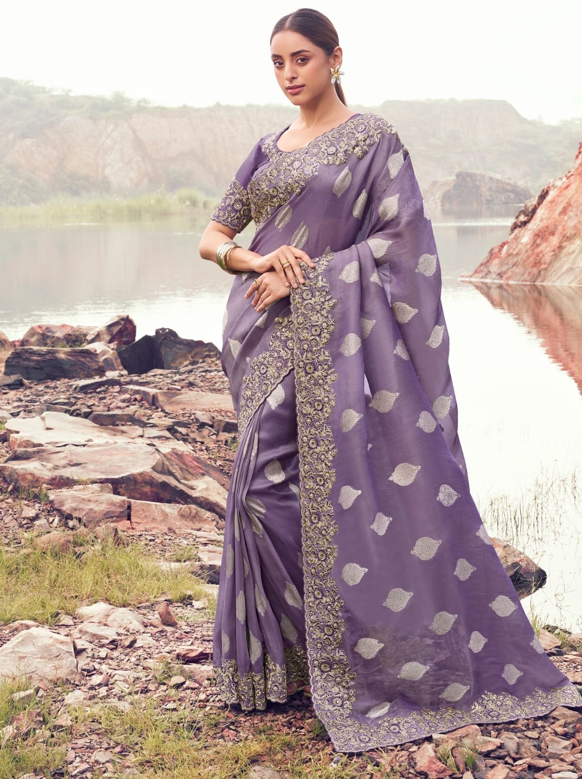 Mauve Violet Premium Tissue Silk Saree With Blouse Piece