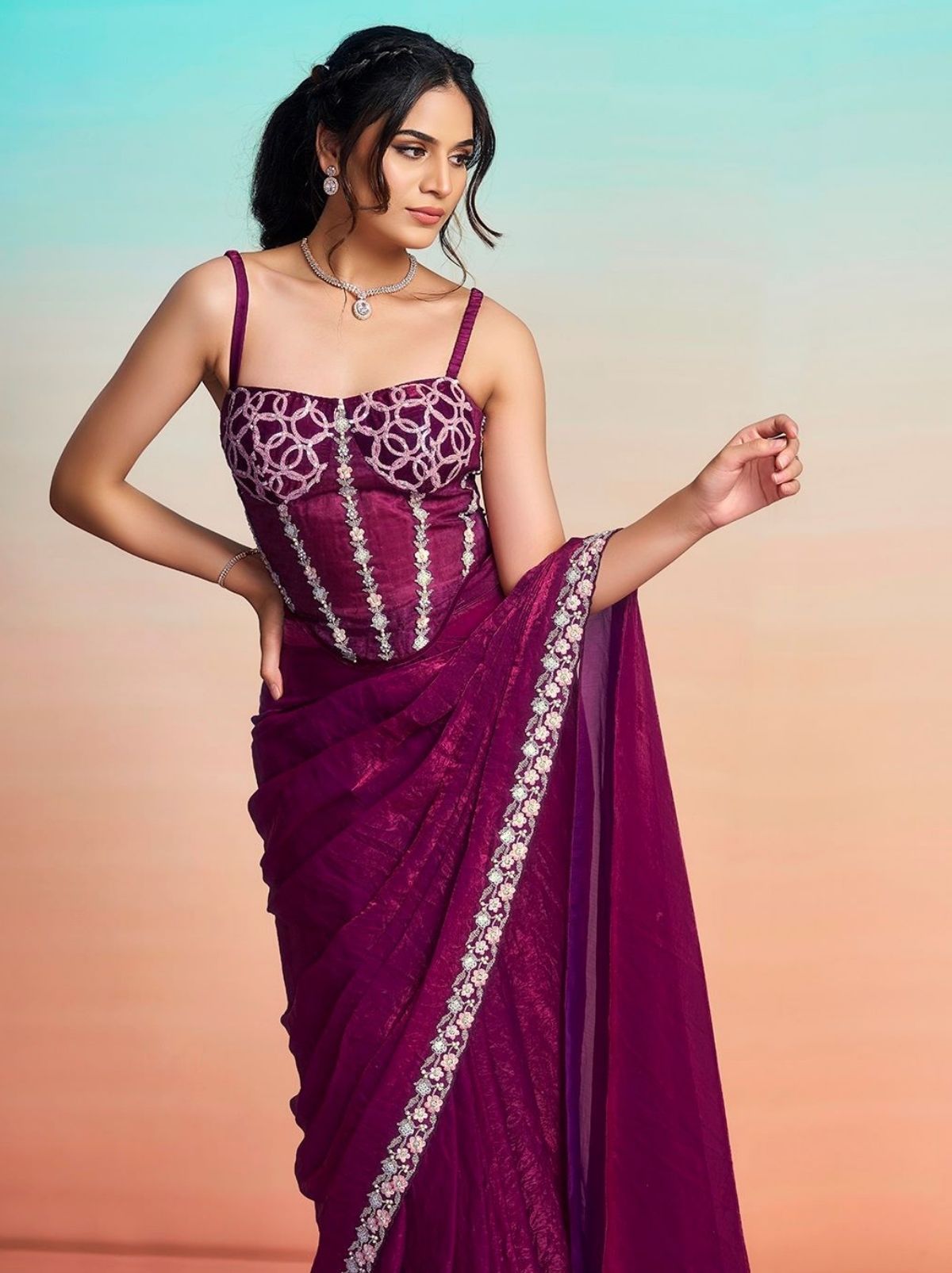 Wine Purple Premium Two Tone Satin Silk Ready to Wear Saree with Jacket
