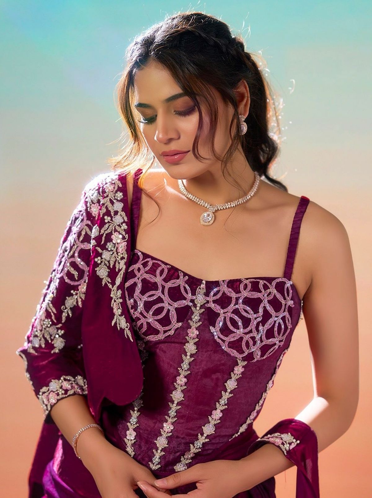 Wine Purple Premium Two Tone Satin Silk Ready to Wear Saree with Jacket