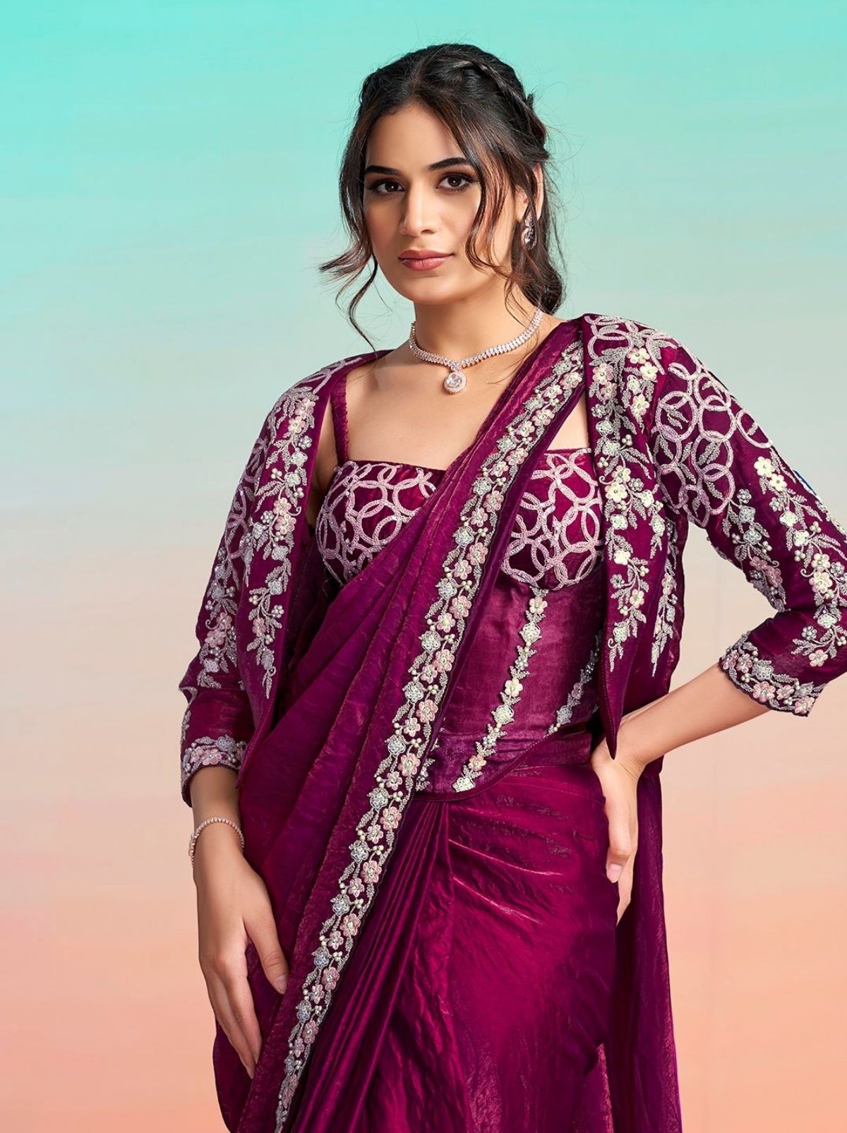Wine Purple Premium Two Tone Satin Silk Ready to Wear Saree with Jacket