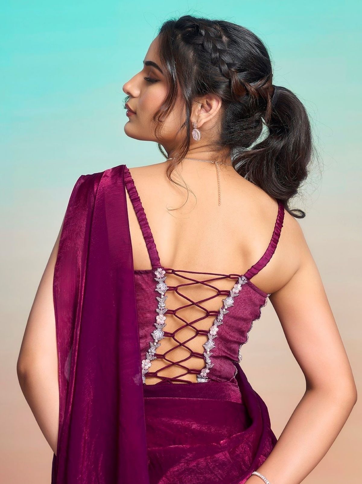 Wine Purple Premium Two Tone Satin Silk Ready to Wear Saree with Jacket