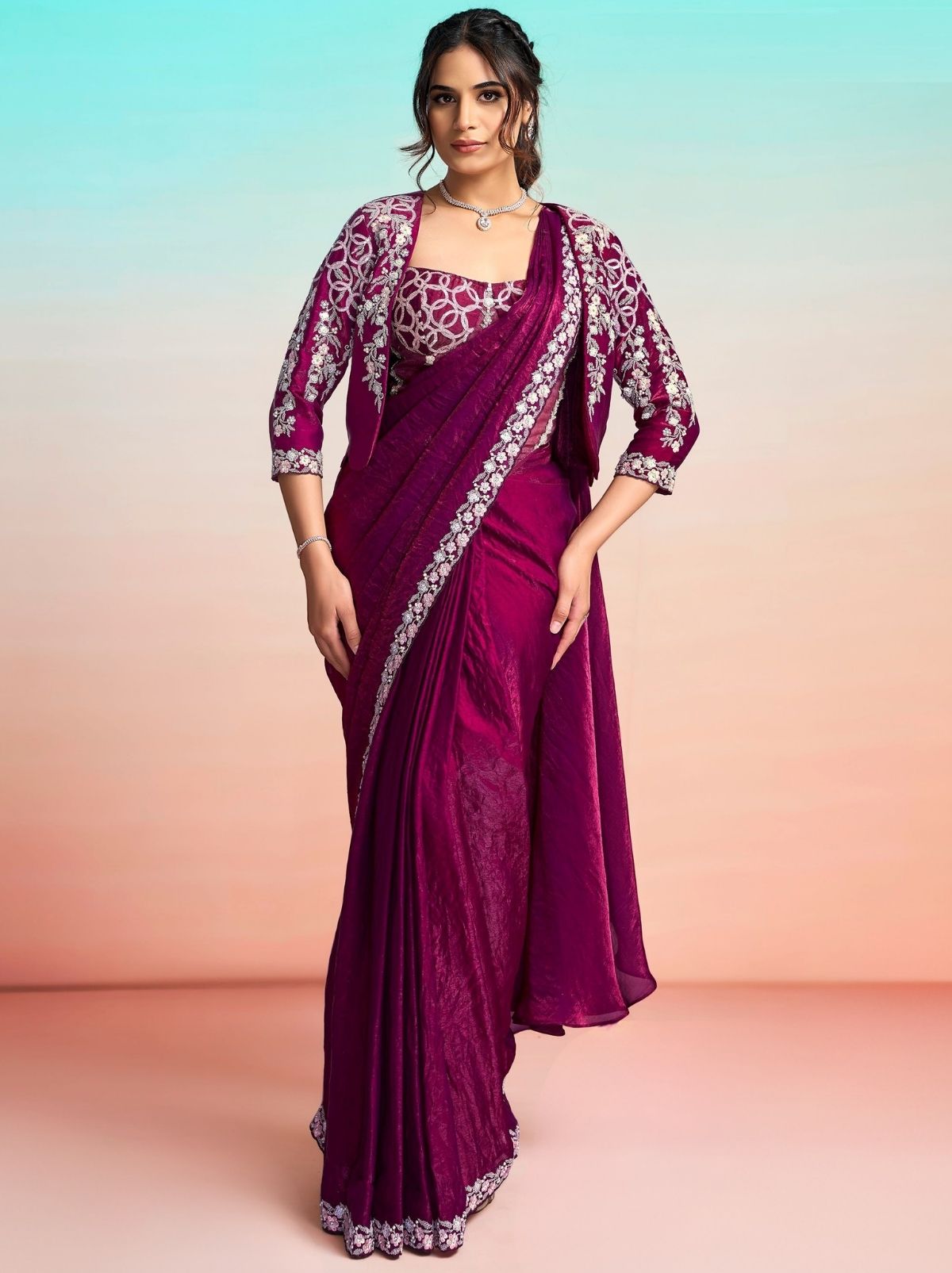 Wine Purple Premium Two Tone Satin Silk Ready to Wear Saree with Jacket