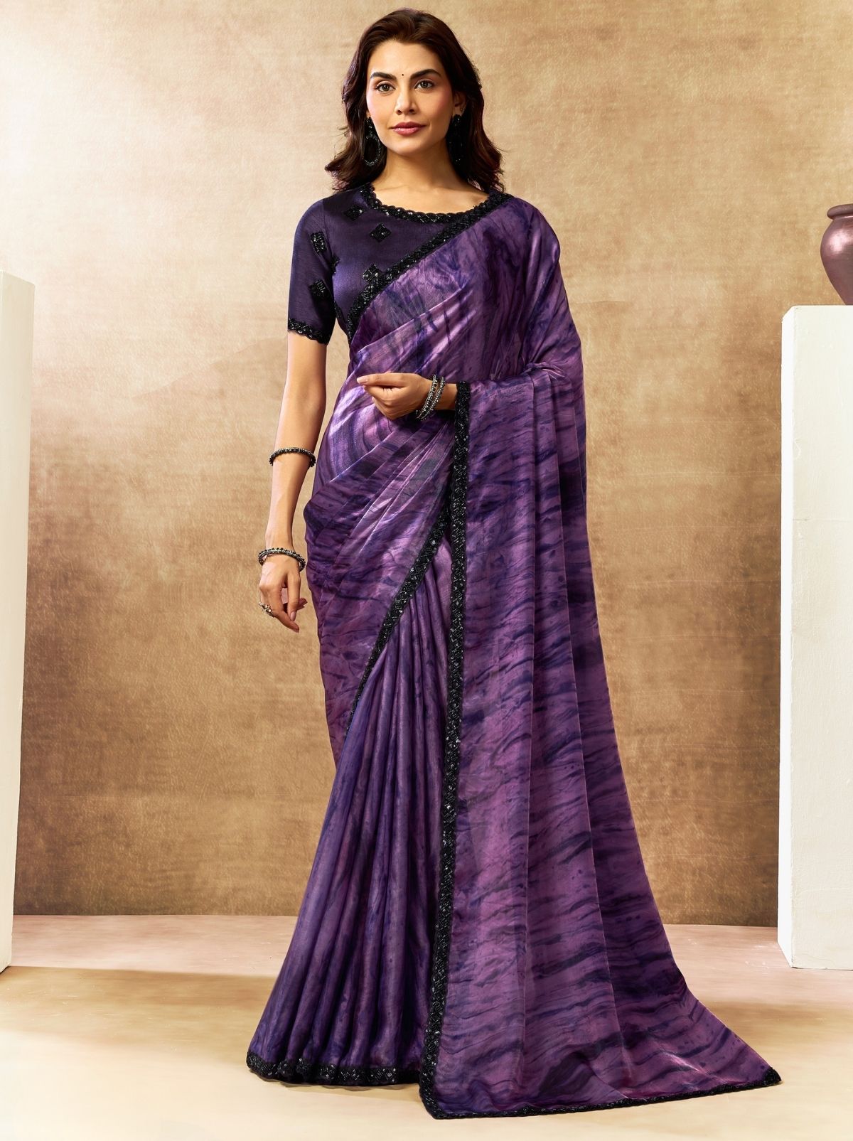 Seance Purple Premium Two Tone Satin Silk Saree WIth Blouse Piece - TrendOye